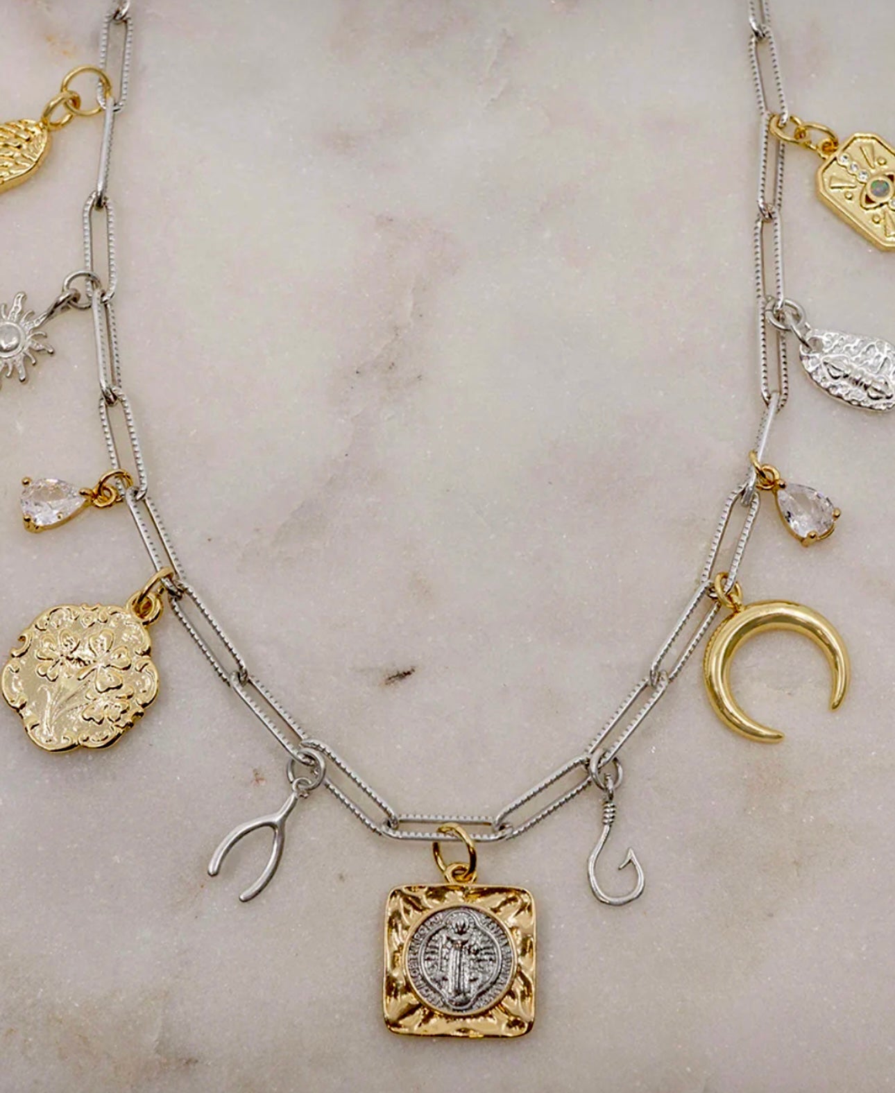 Signs and Symbols Mixed Metals Sterling Silver Charm Necklace