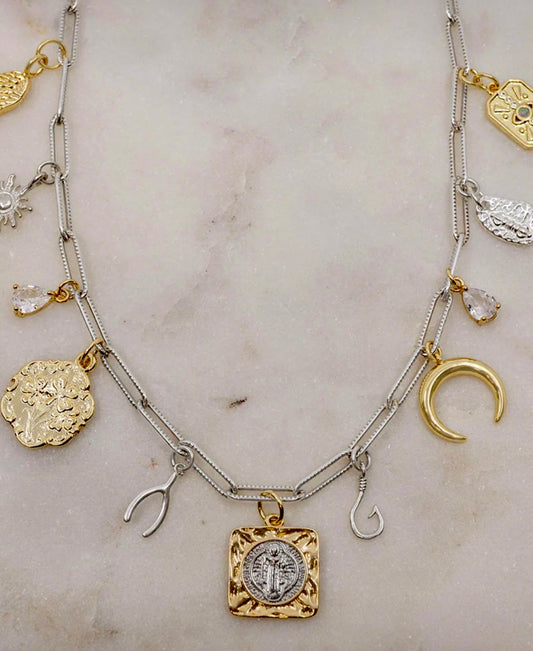 Signs and Symbols Mixed Metals Sterling Silver Charm Necklace