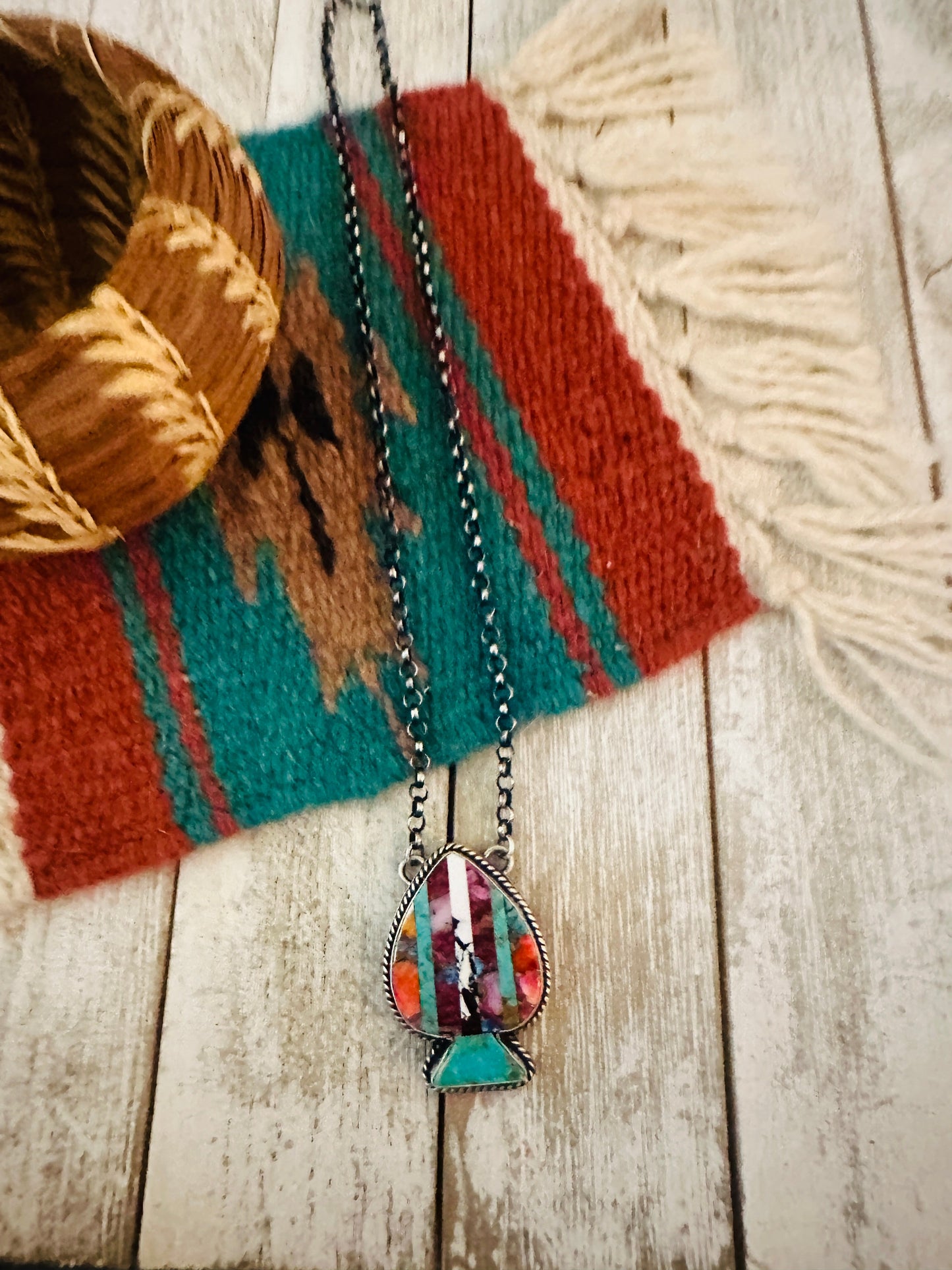 Handcrafted Sterling Silver & Multi Stone Inlay Spade Necklace