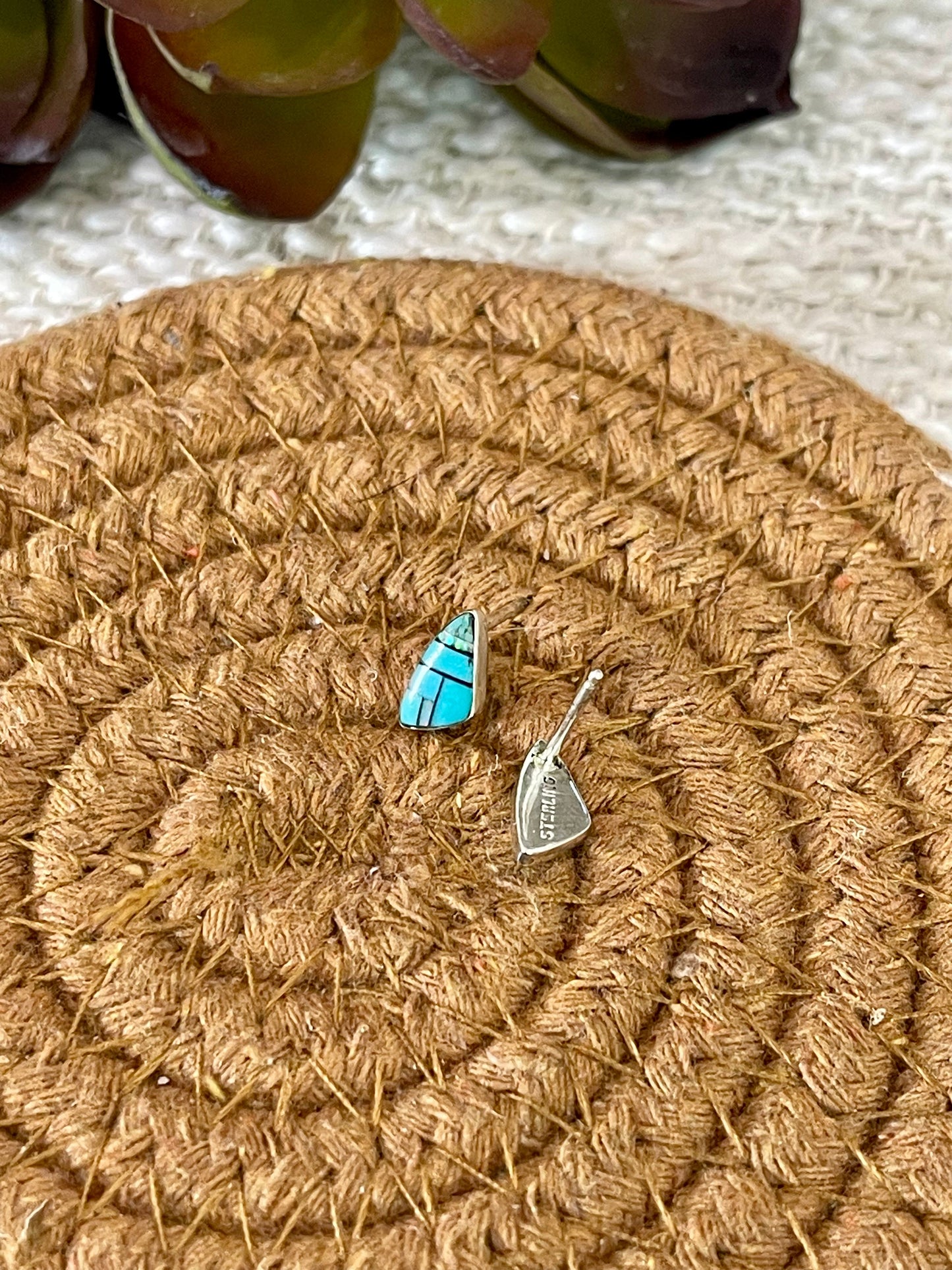 Beautiful Handmade Sterling Silver & Turquoise Inlay Stud Earrings