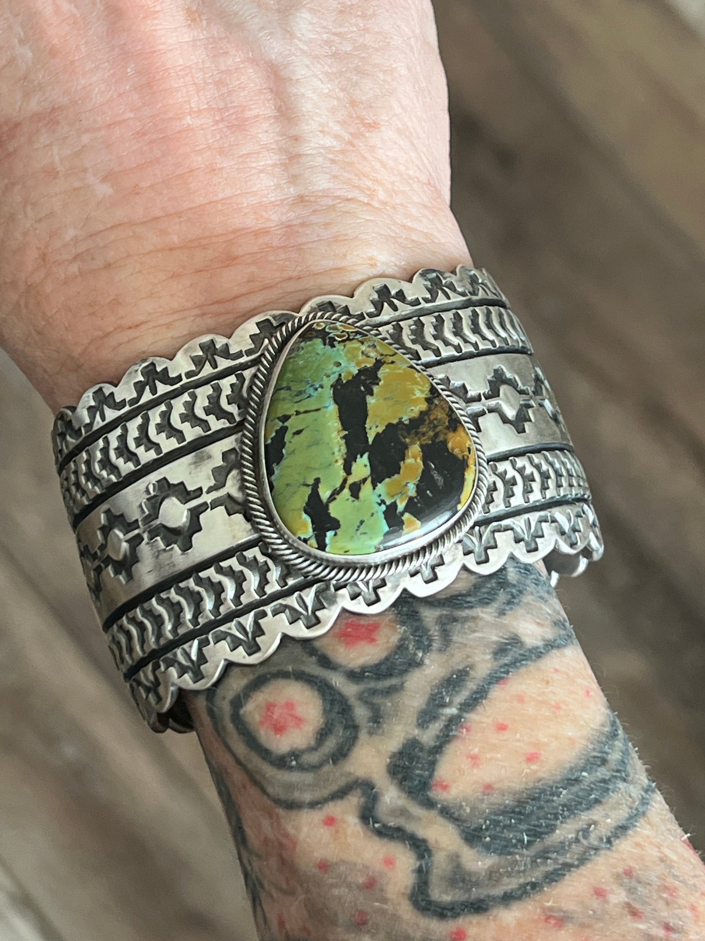 Handcrafted Hand Stamped Sterling Silver and Blackjack Turquoise Cuff Bracelet by Randy Boyd