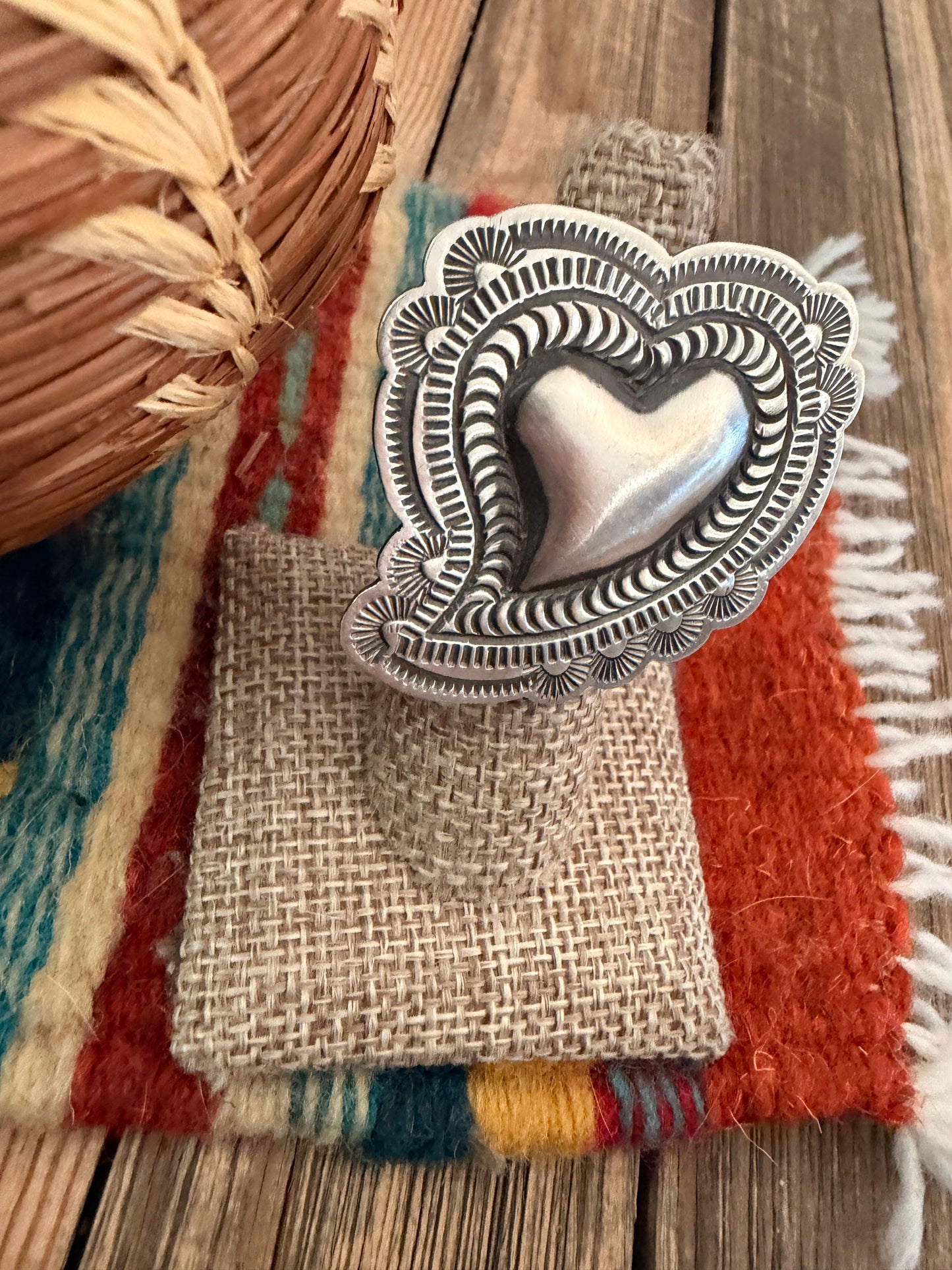 Handcrafted Sterling Silver Adjustable Heart Concho Ring by Leander Tahe