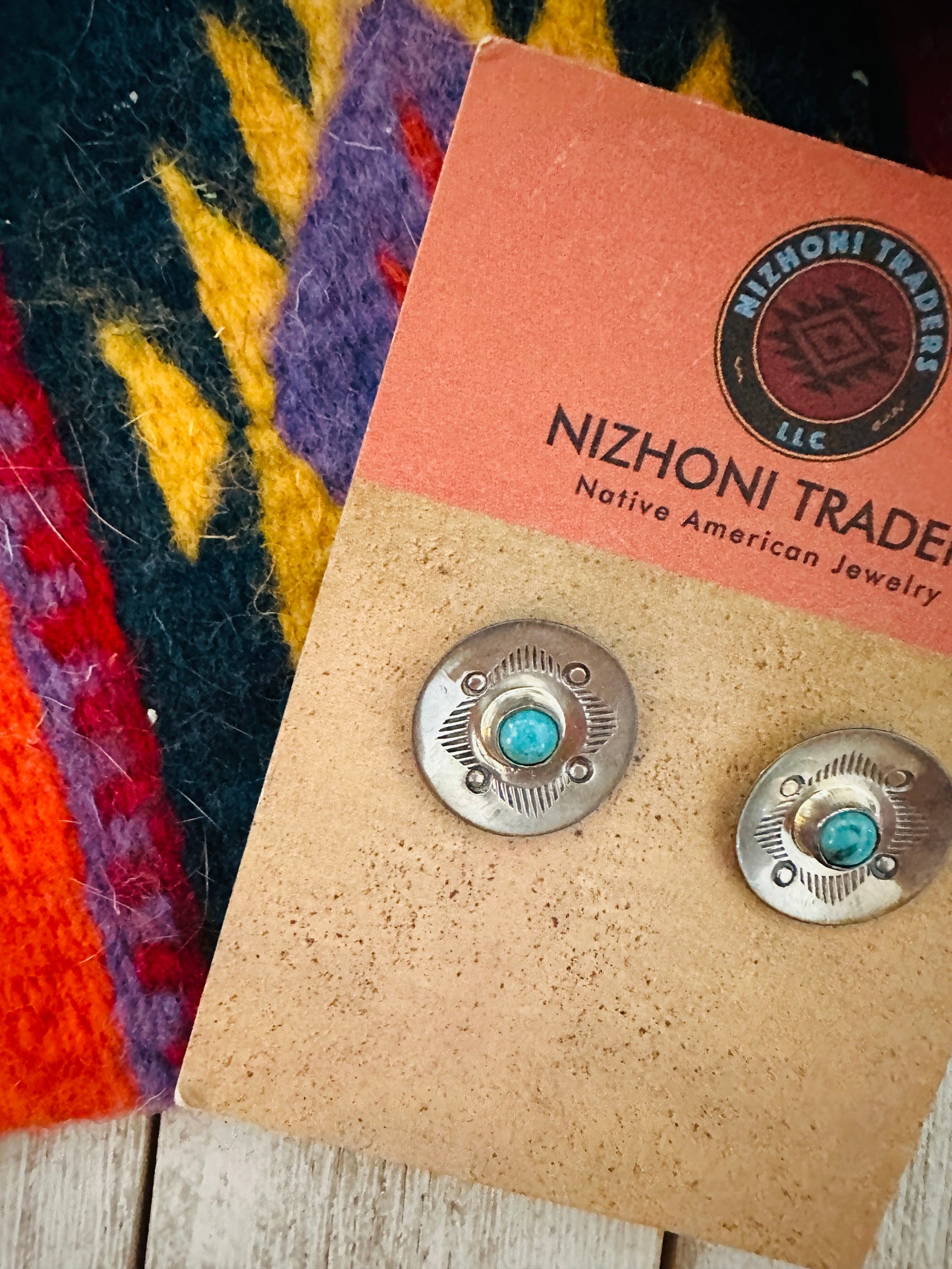 Handcrafted Hand Stamped Sterling Silver & Turquoise Concho Stud Earrings