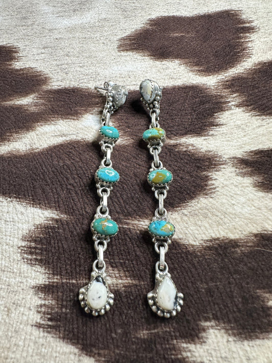 Handmade White Buffalo, Turquoise & Sterling Silver 5 Stone Dangle Earrings