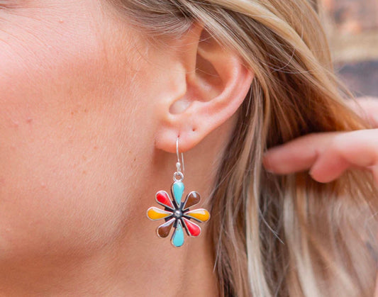Turquoise Spiny Onyx Daisy Sterling Silver Dangle Earrings