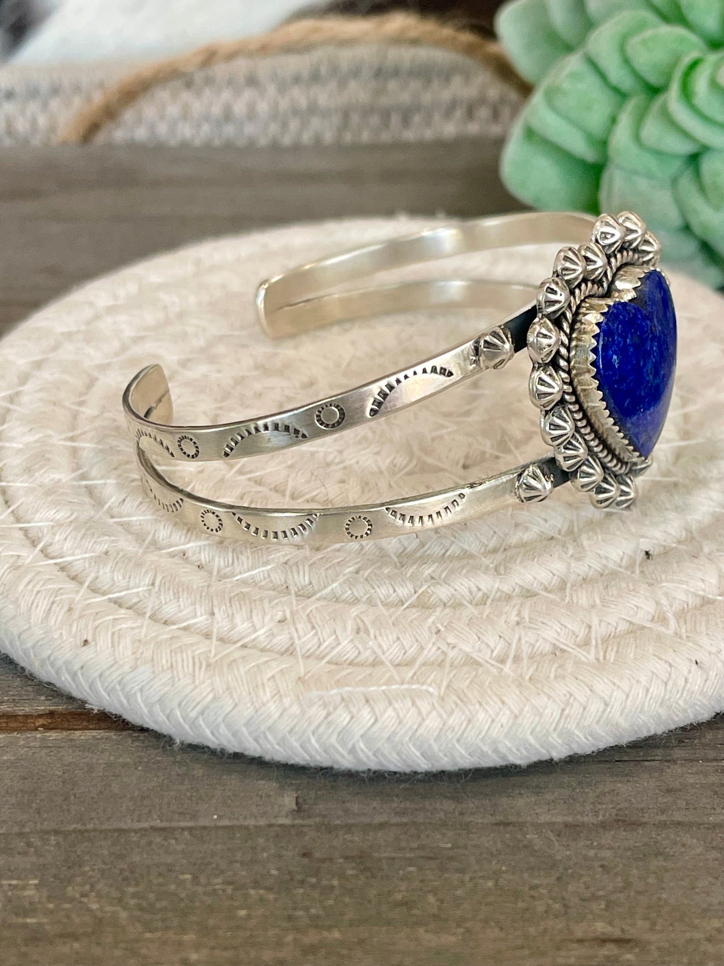 Handmade Lapis & Sterling Silver Heart Cuff Bracelet