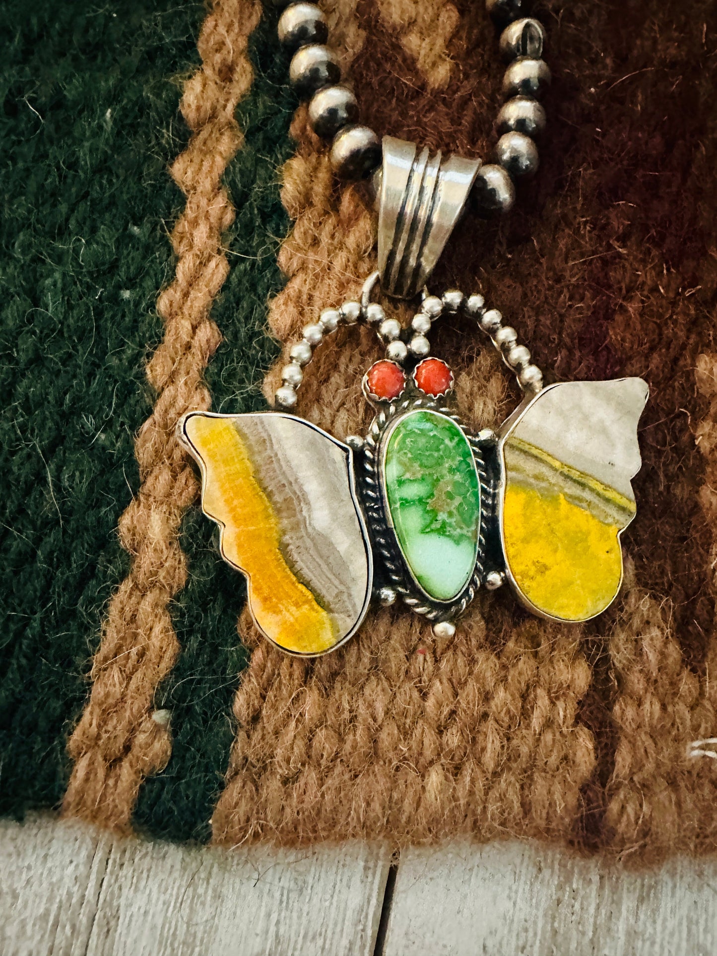 Navajo Bumblebee Jasper, Turquoise, Coral & Sterling Silver Butterfly Pendant