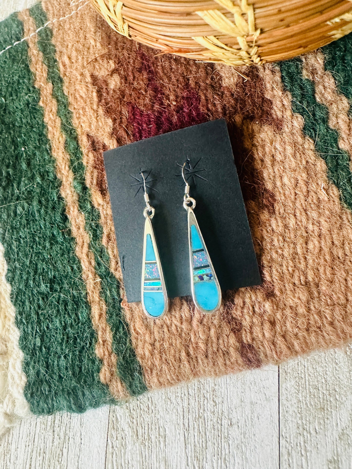 Handcrafted Sterling Silver & Multi Stone Inlay Dangle Earrings