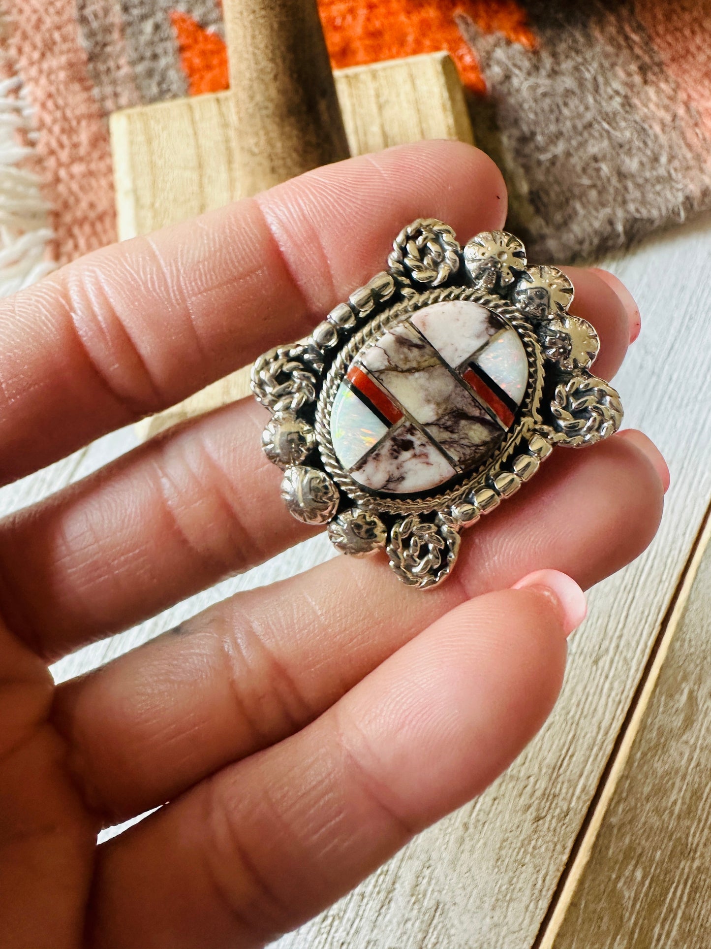 Handcrafted Sterling Silver & Multi Stone Inlay Ring Size 9.5