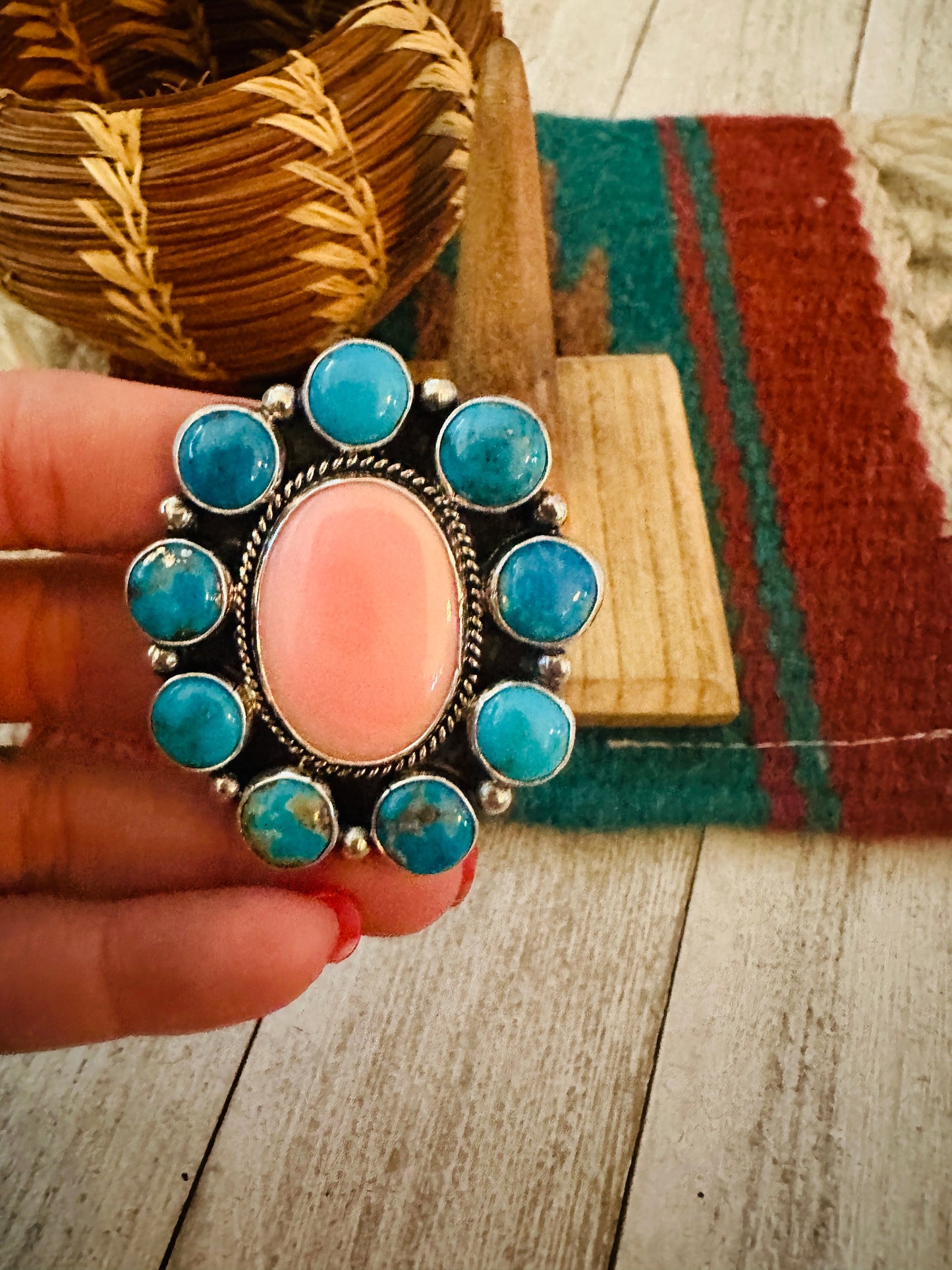 Handcrafted Sterling Silver, Queen Pink Conch & Turquoise Cluster Adjustable Ring