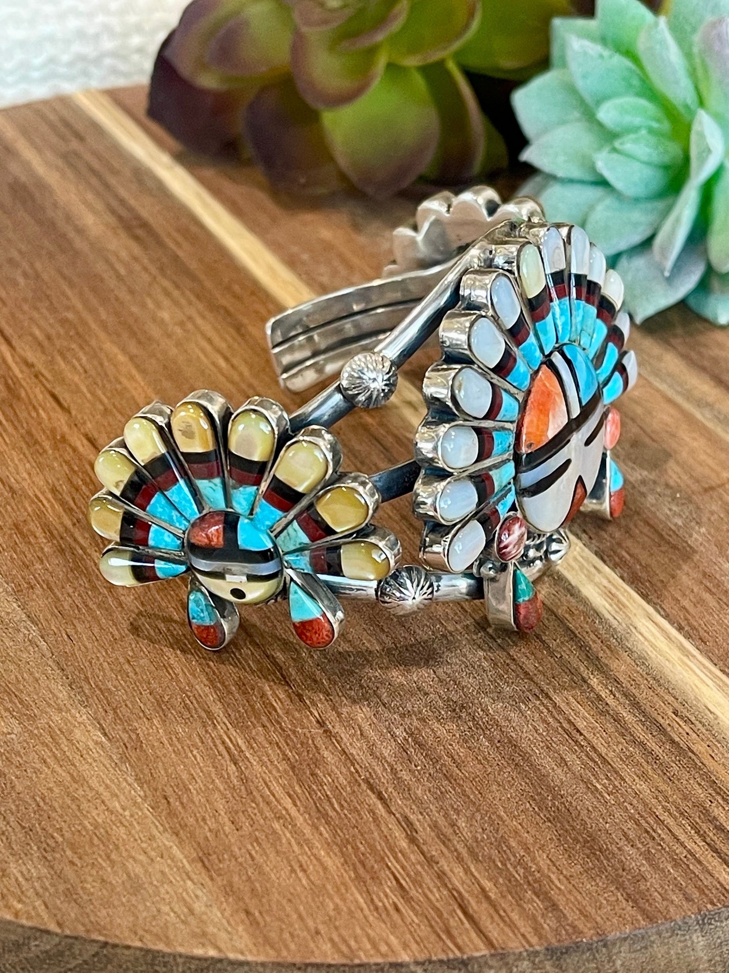 Handmade Sterling Silver & Multistone Sun Face Adjustable  Cuff Bracelet /