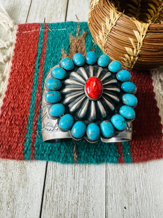 Handcrafted Turquoise, Spiny Sterling Silver Cuff Bracelet