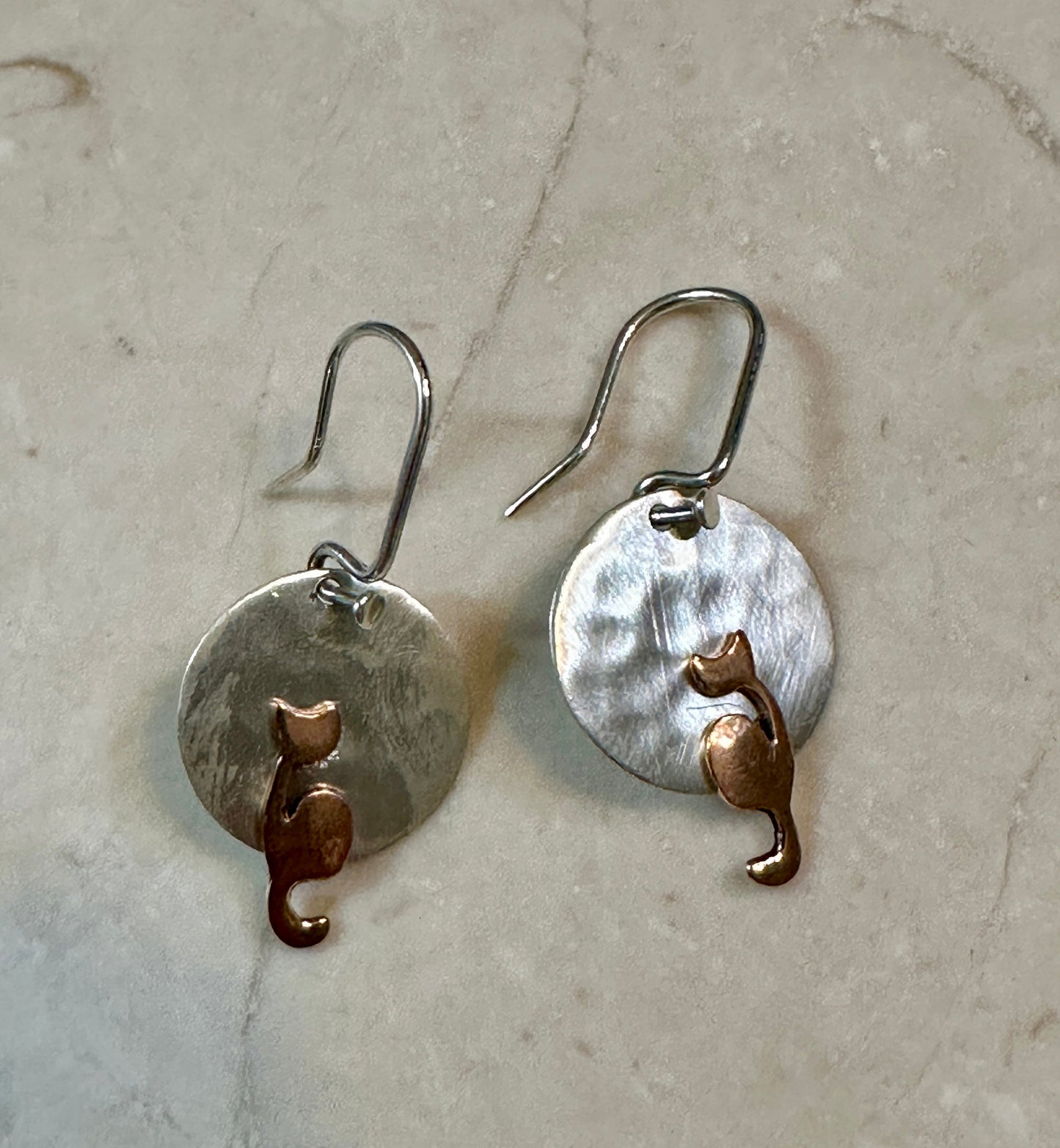 Copper Cat on Hammered Disc Sterling Silver Earrings