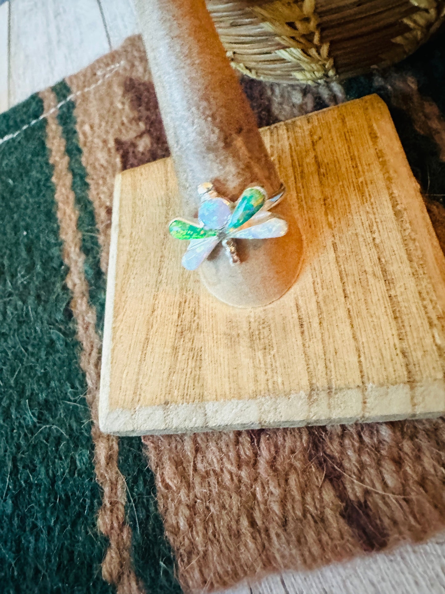 Handcrafted Sterling Silver, Green & White Opal Dragonfly Ring