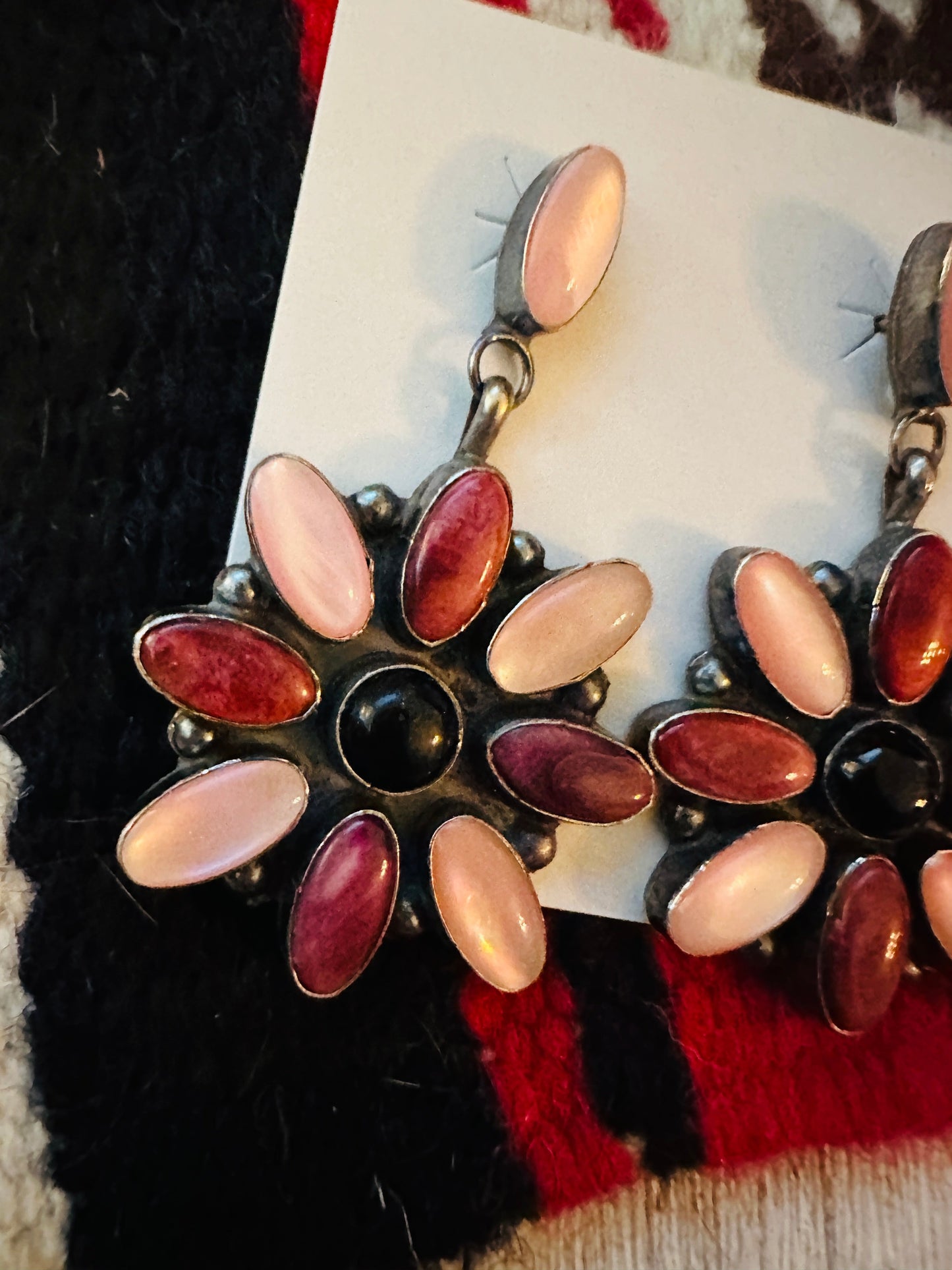 Handcrafted Mother of Pearl, Spiny, Onyx & Sterling Silver Dangle Earrings