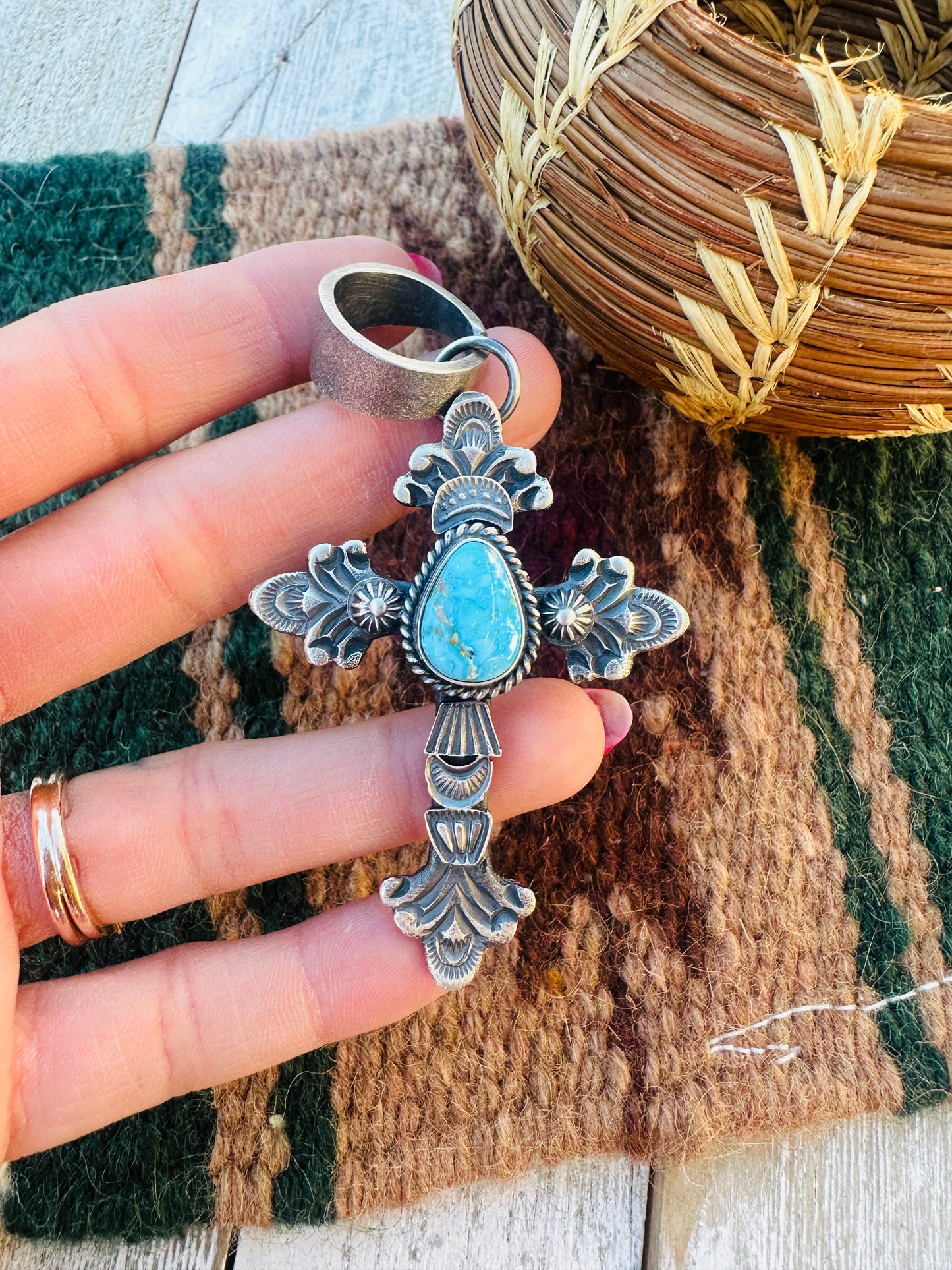 Handcrafted Sterling Silver & Turquoise Cross Pendant by Kevin Billah