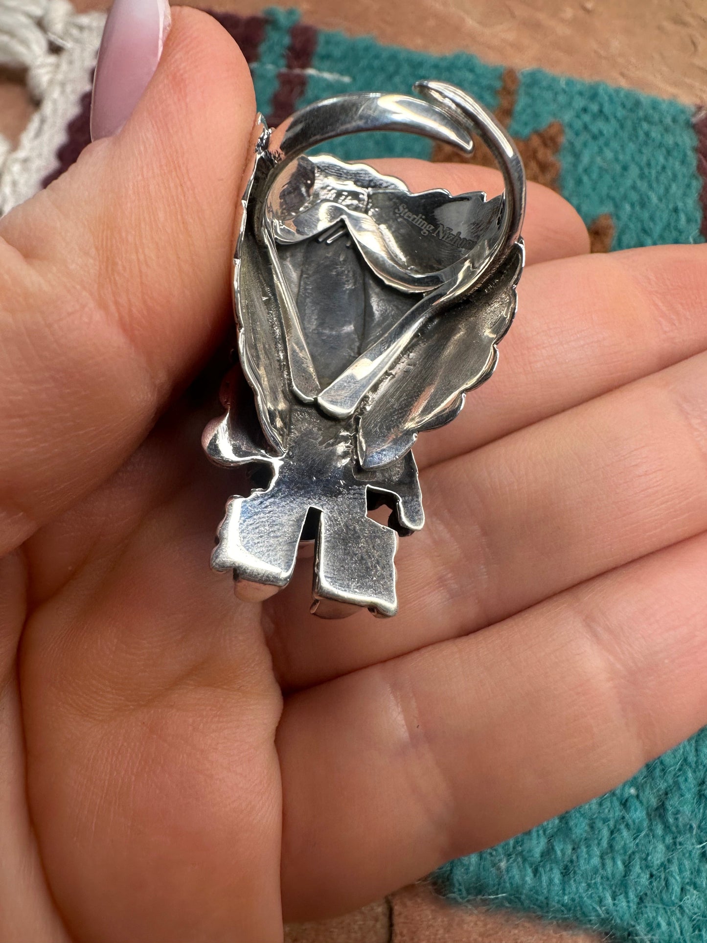 Handmade Golden Hills Turquoise Kachina And Sterling Silver Adjustable Ring