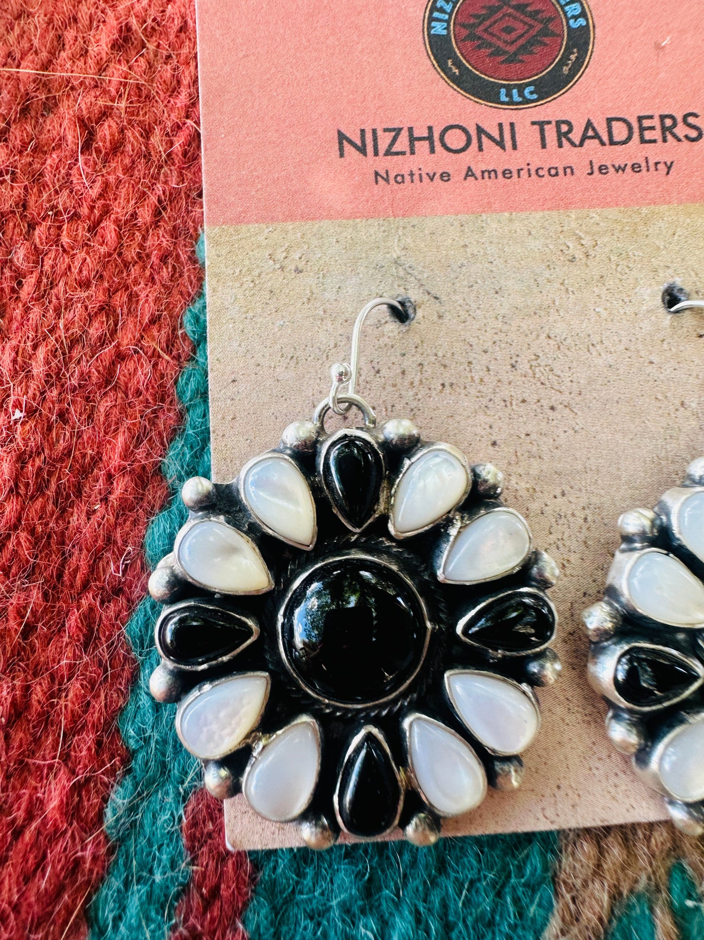 Handcrafted Mother of Pearl, Onyx & Sterling Silver Cluster Dangle Earrings