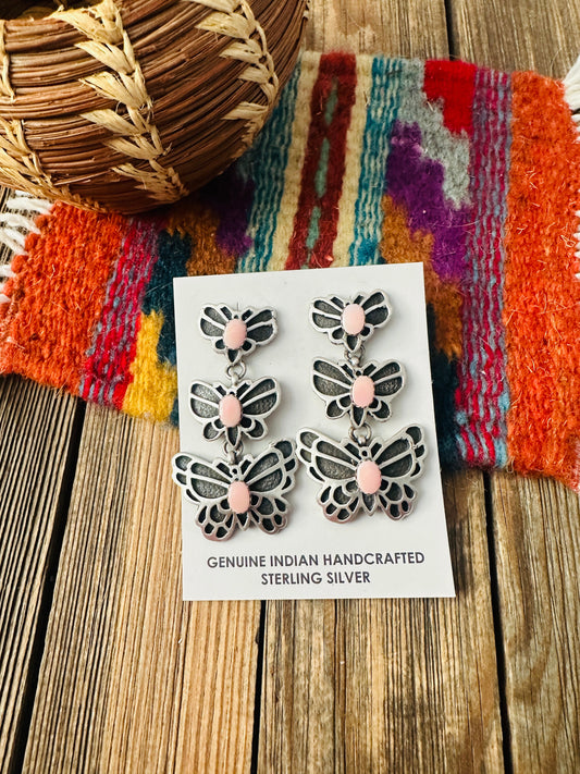 Handcrafted Queen Pink Conch & Sterling Silver Butterfly Dangle Earrings