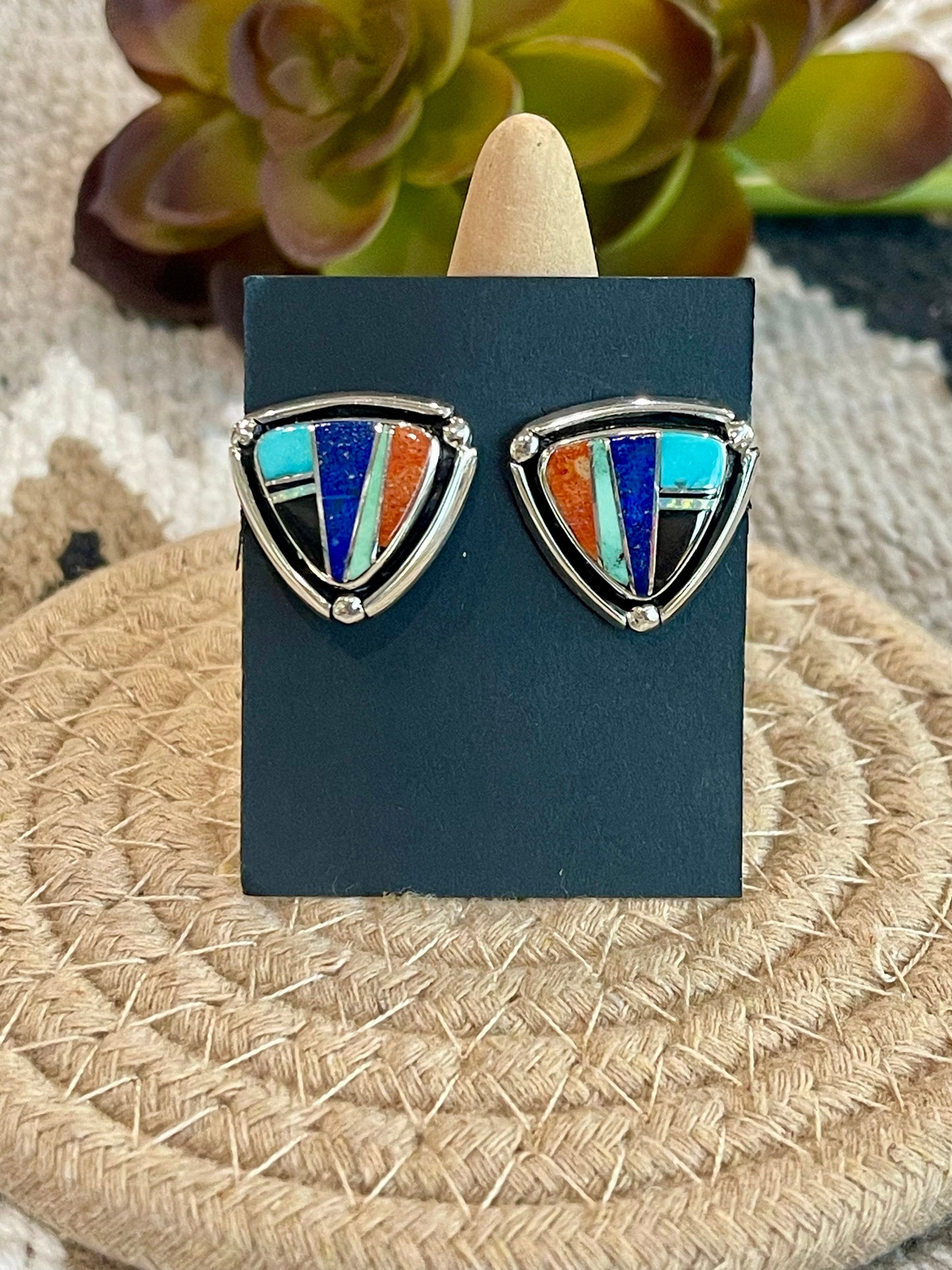 Handcrafted Multi Stone & Sterling Silver Inlay Post Earrings