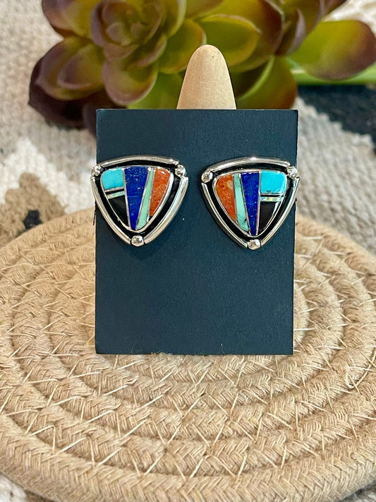 Handcrafted Multi Stone & Sterling Silver Inlay Post Earrings