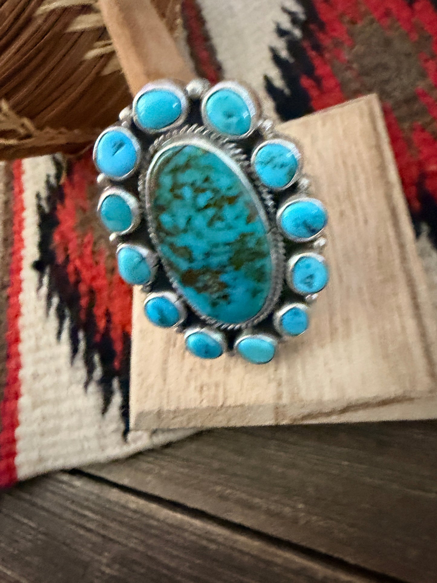 Handcrafted Kingman Turquoise & Sterling Silver Cluster Adjustable Ring by Aaron David