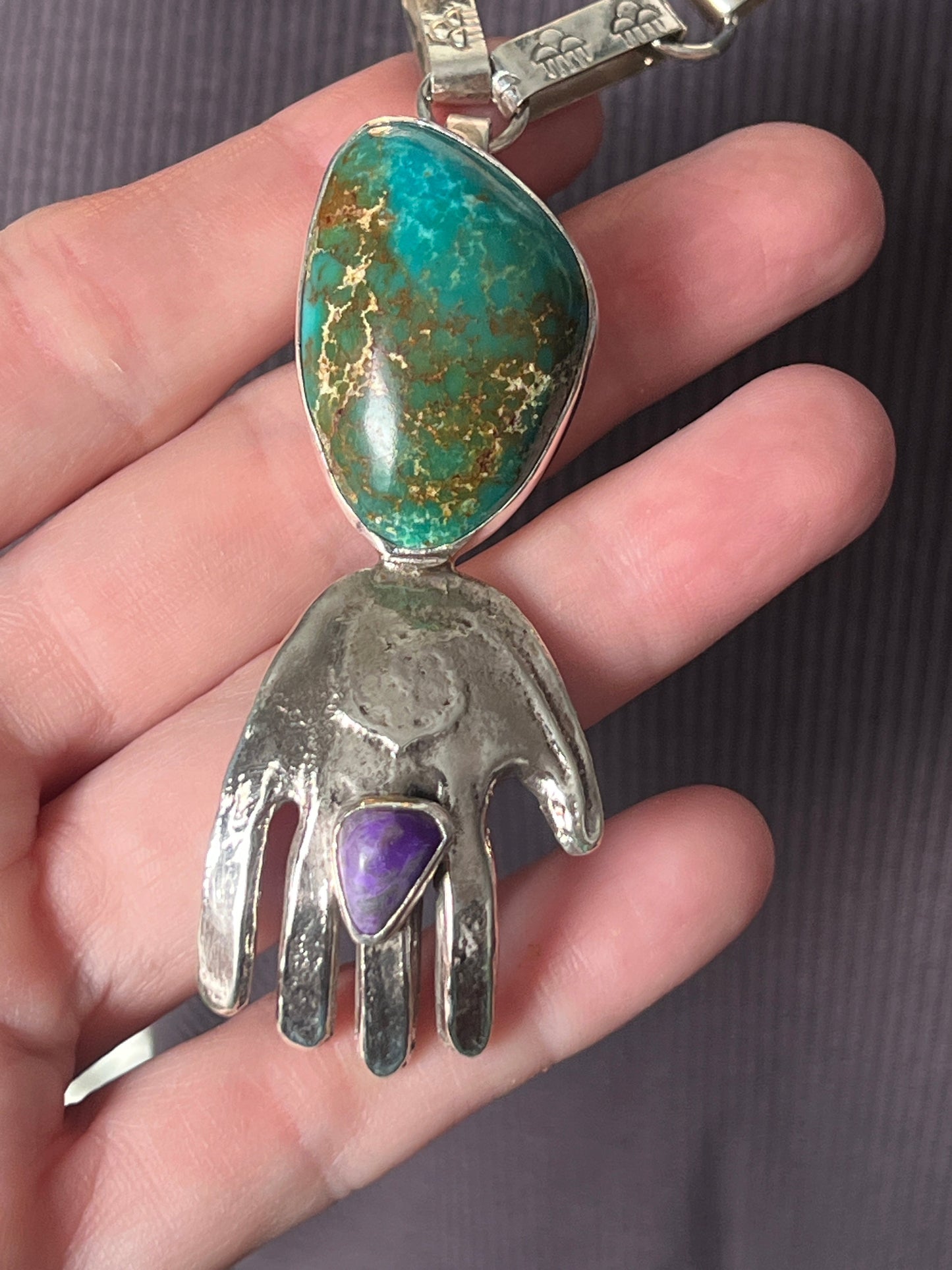 Jay Leon Coriz Handcrafted Sterling Silver and Royston Turquoise Healing Hand Station Necklace