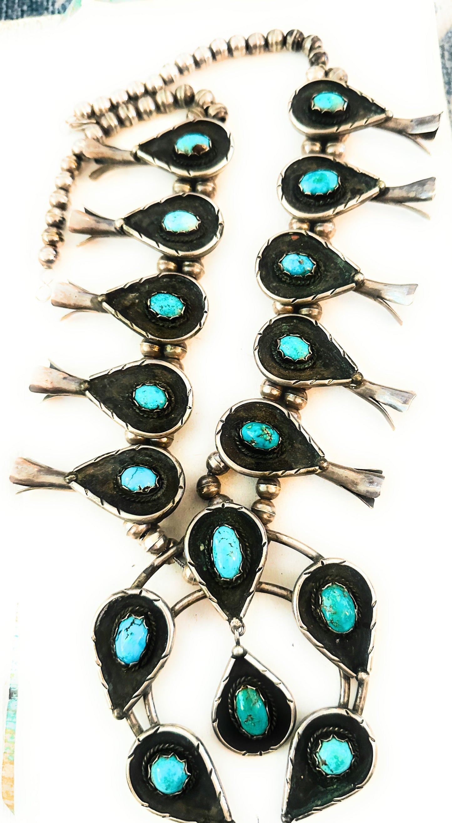 Vintage Old Pawn Turquoise & Sterling Silver Beaded Squash Blossom Necklace