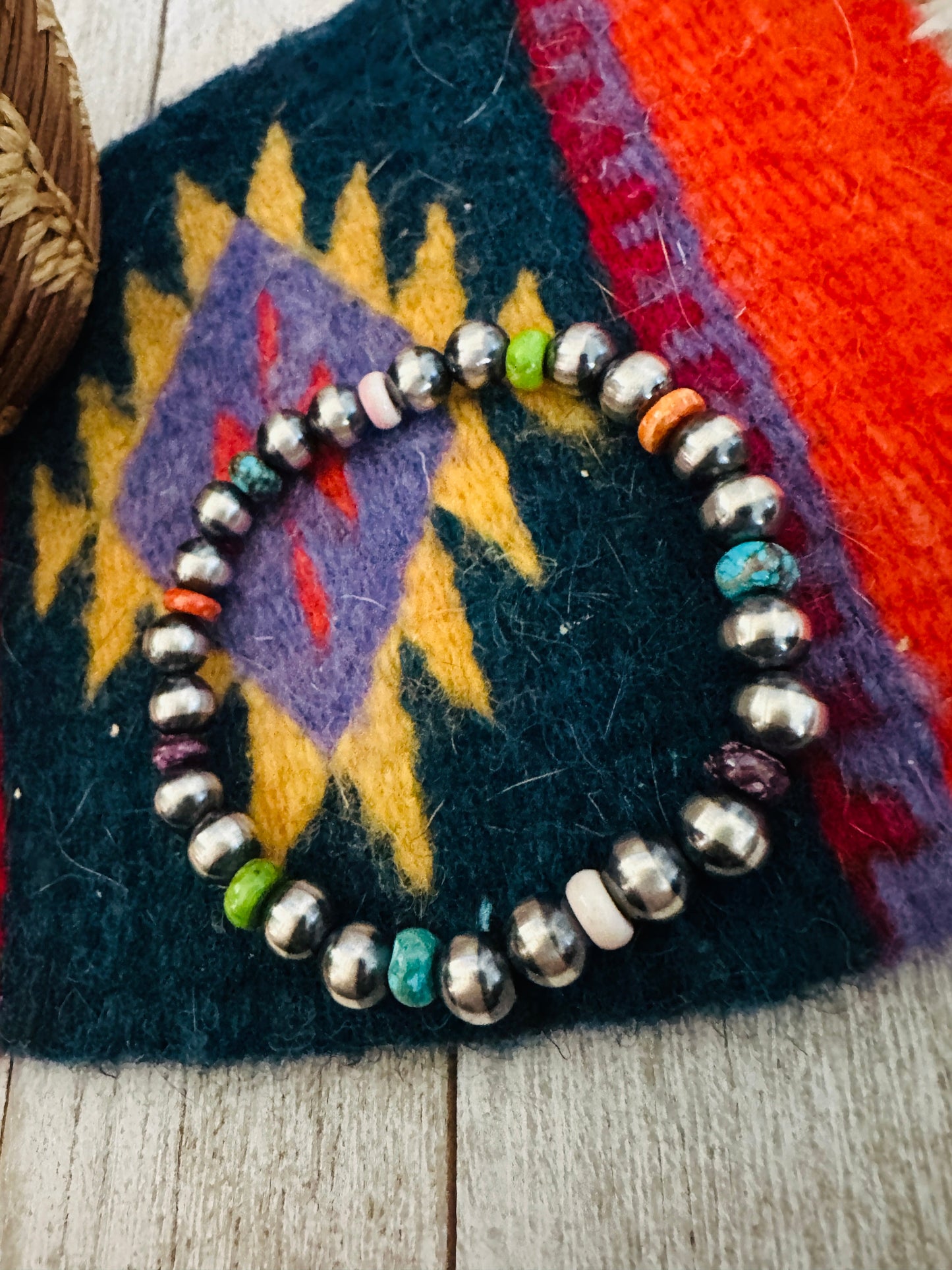 Handcrafted Multi Stone & Sterling Silver Pearl Beaded Stretch Bracelet