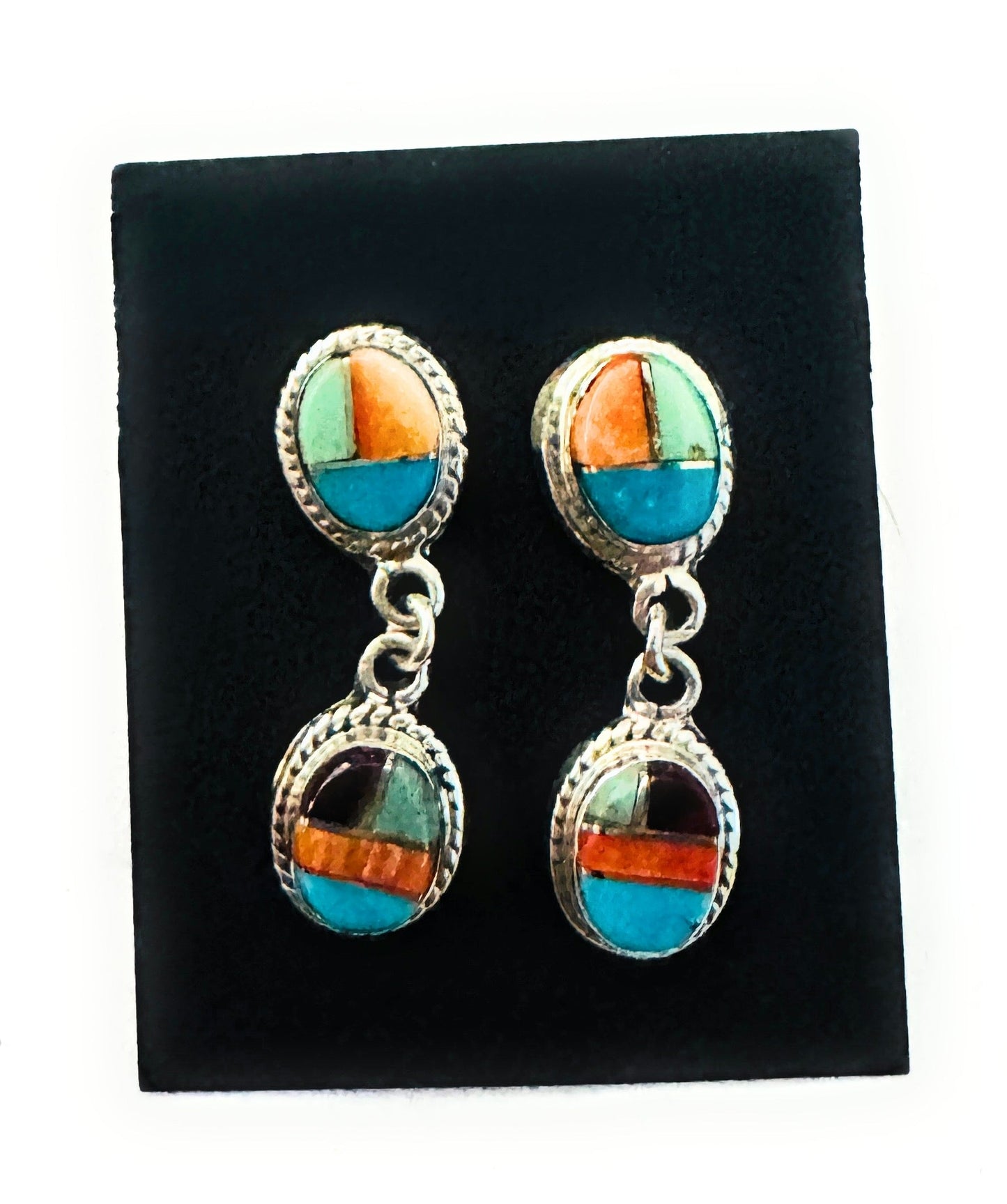 Handcrafted Sterling Silver & Multi Stone Inlay Dangle Earrings