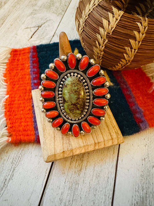 Handcrafted Kingman Turquoise, Coral & Sterling Silver Adjustable Ring by Hemerson Brown