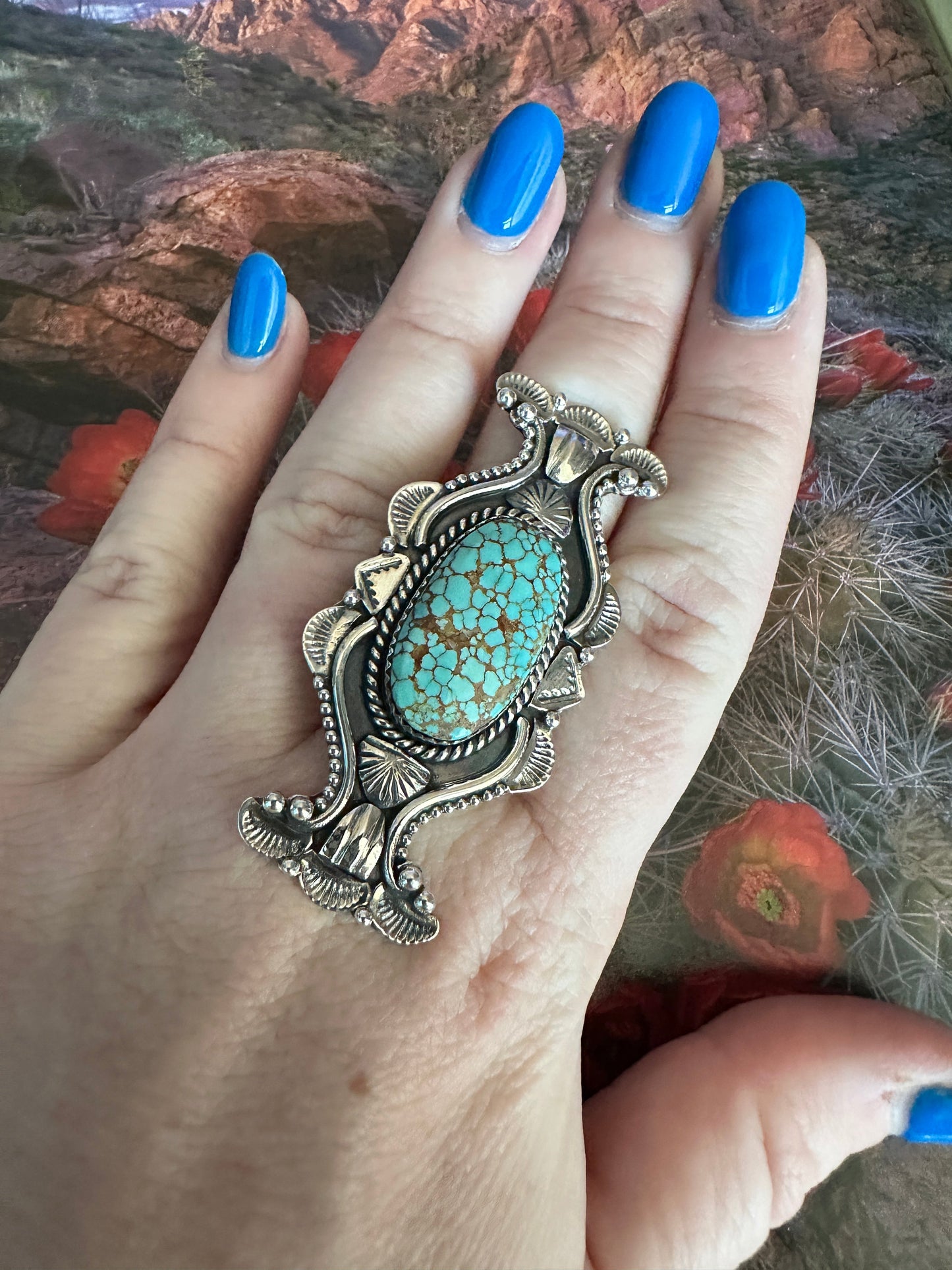 Handmade Number 8 Turquoise & Sterling Silver Adjustable Ring OVAL