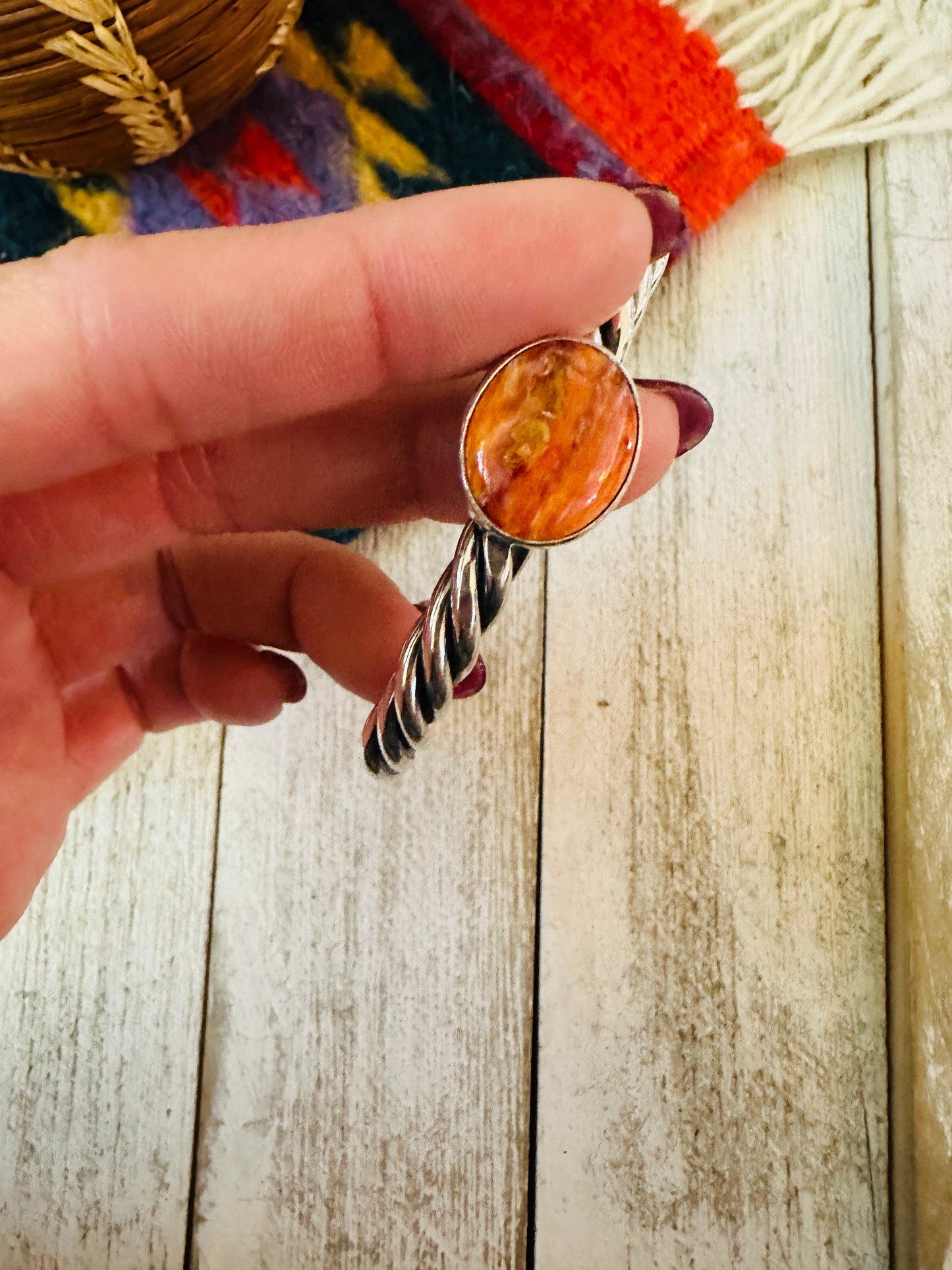 Handcrafted Twisted Sterling Silver & Orange Spiny Cuff Bracelet
