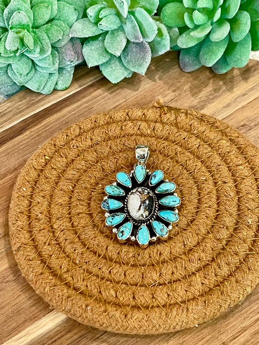 Handmade Sterling Silver,Turquoise &  White Buffalo Mojave Cluster Pendant