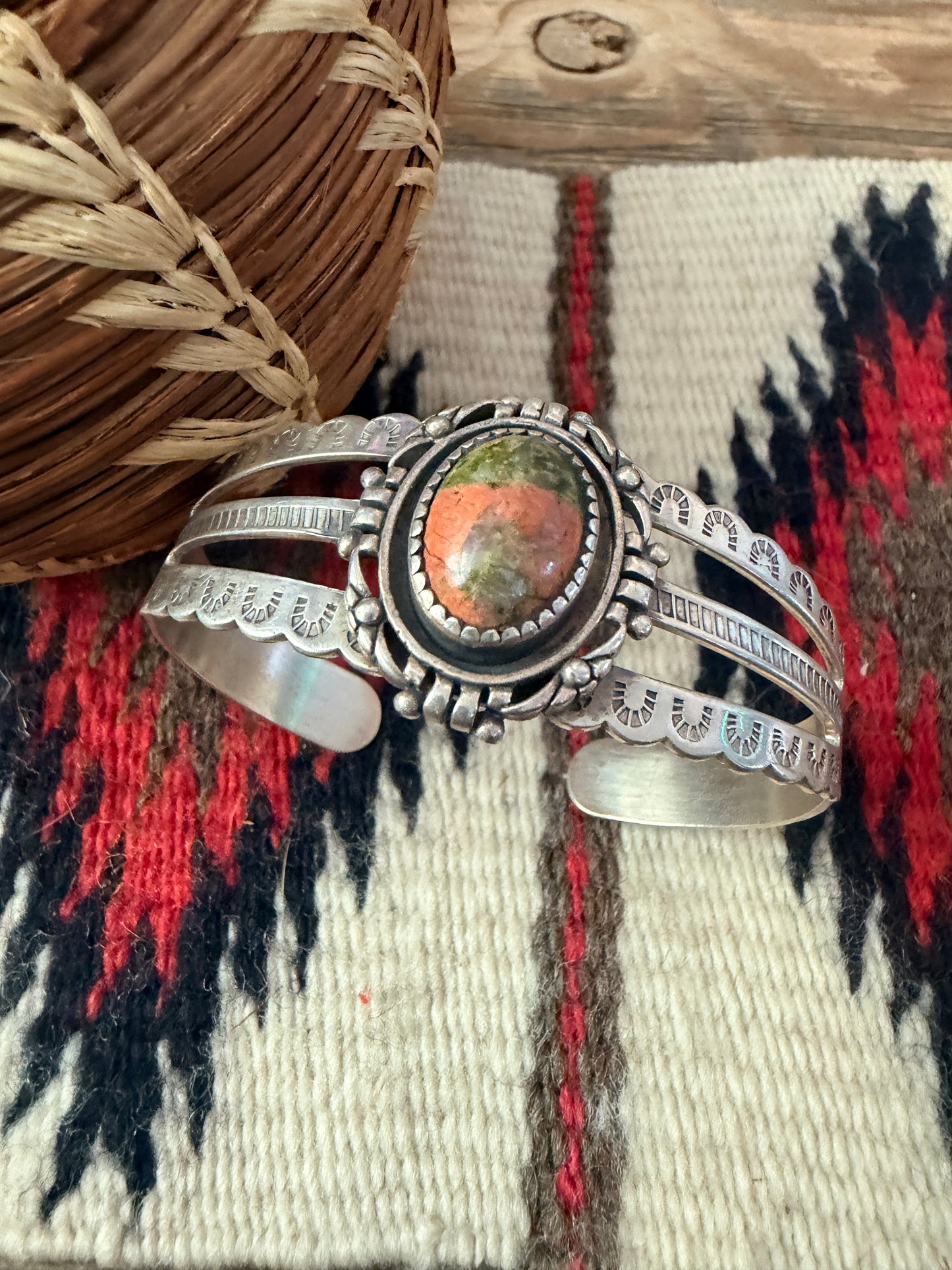 Handcrafted Old Pawn Unakite & Sterling Silver Cuff Bracelet
