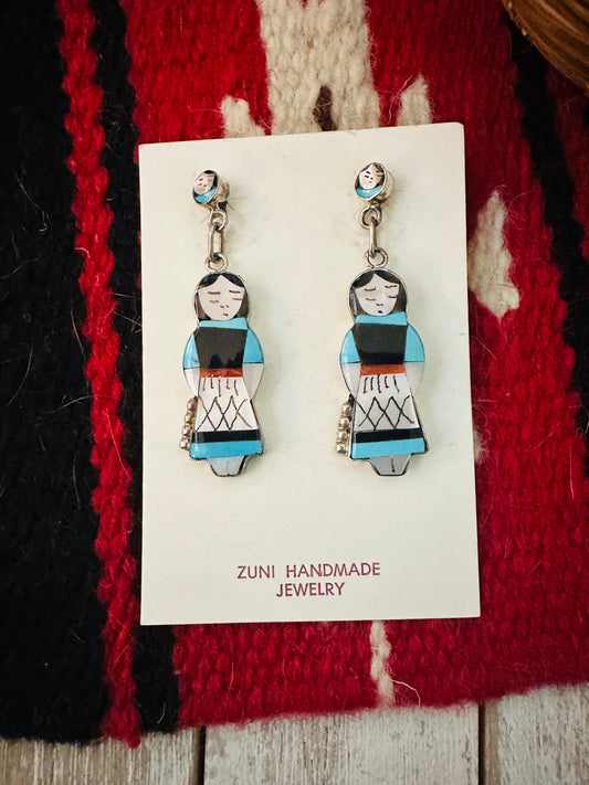 Handcrafted Multi Stone & Sterling Silver Inlay Maiden Girl Dangle Earrings