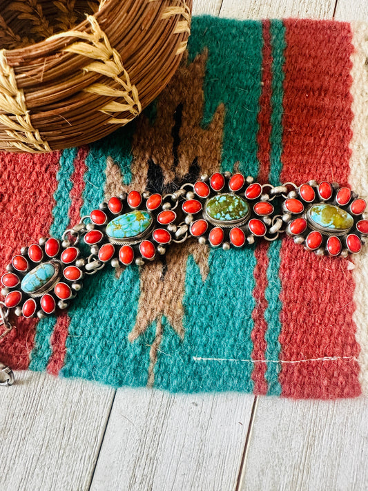 Handcrafted Coral, Turquoise & Sterling Silver Link Bracelet