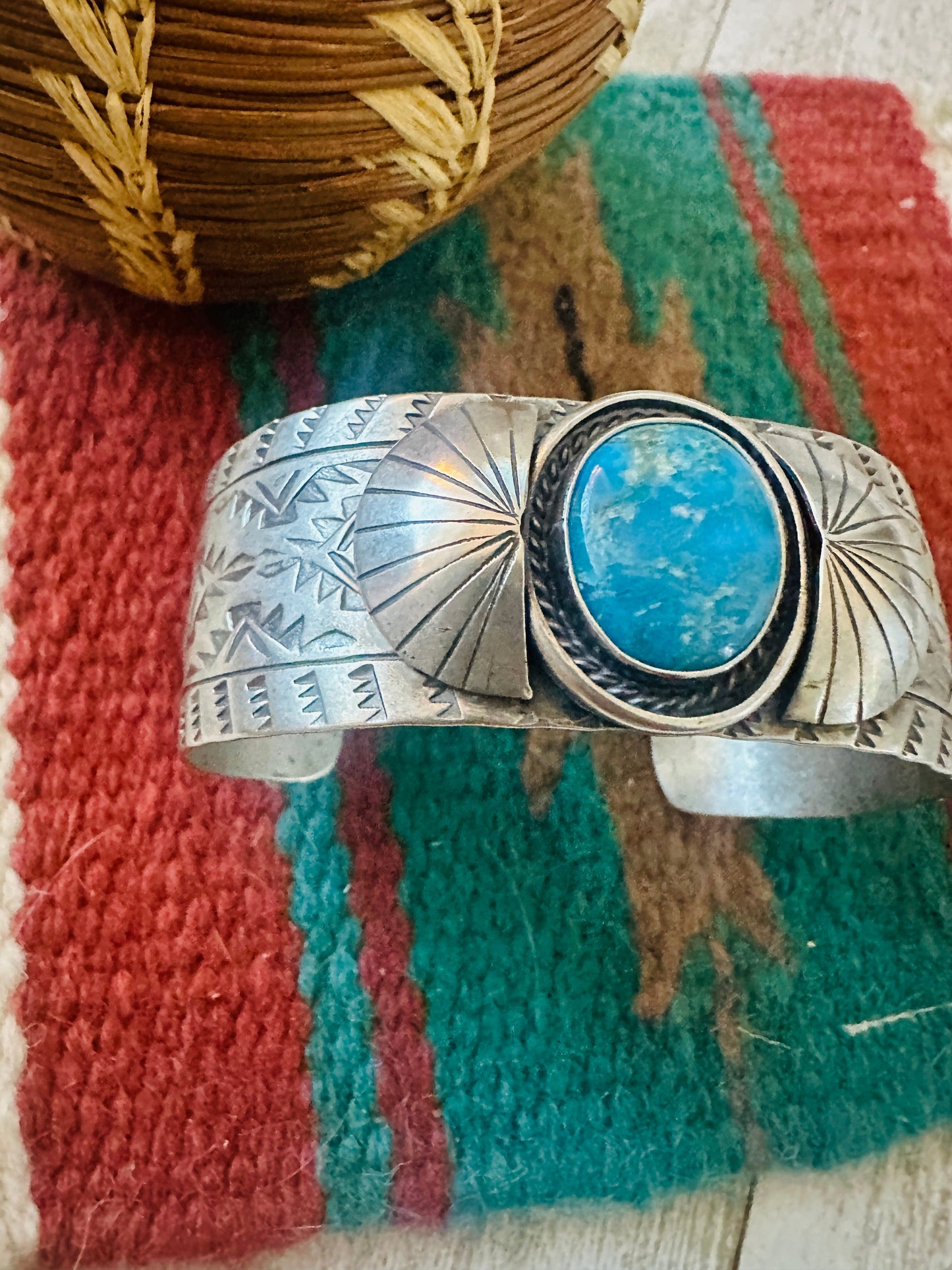 Handcrafted Hand Stamped Sterling Silver & Turquoise Cuff Bracelet