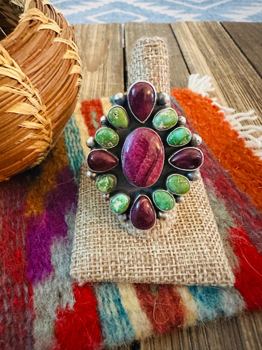 Handcrafted Spiny, Turquoise & Sterling Silver Adjustable Cluster Ring by Rena Shelly