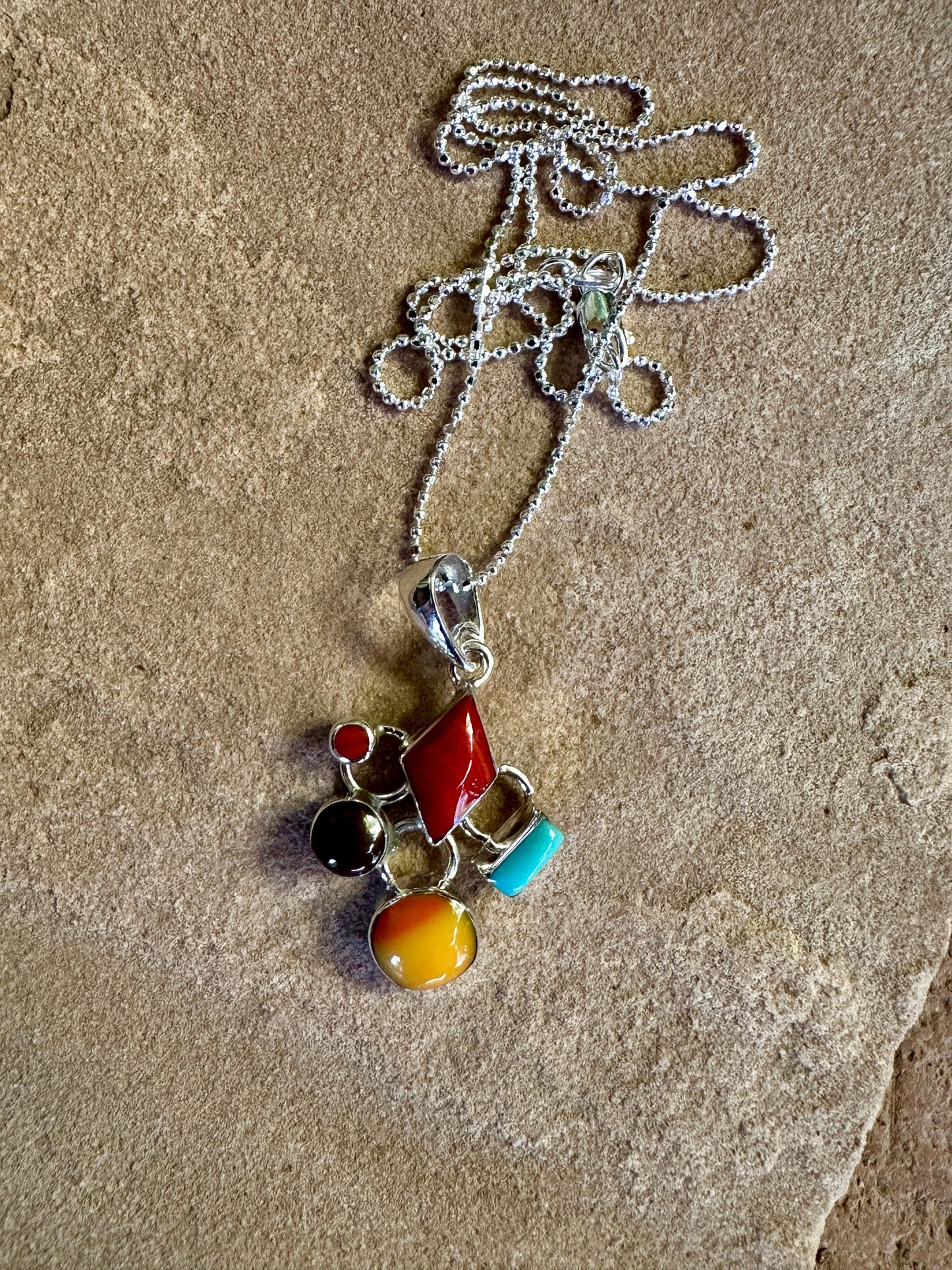 Multistone Mosaic Sterling Silver Pendant Necklace