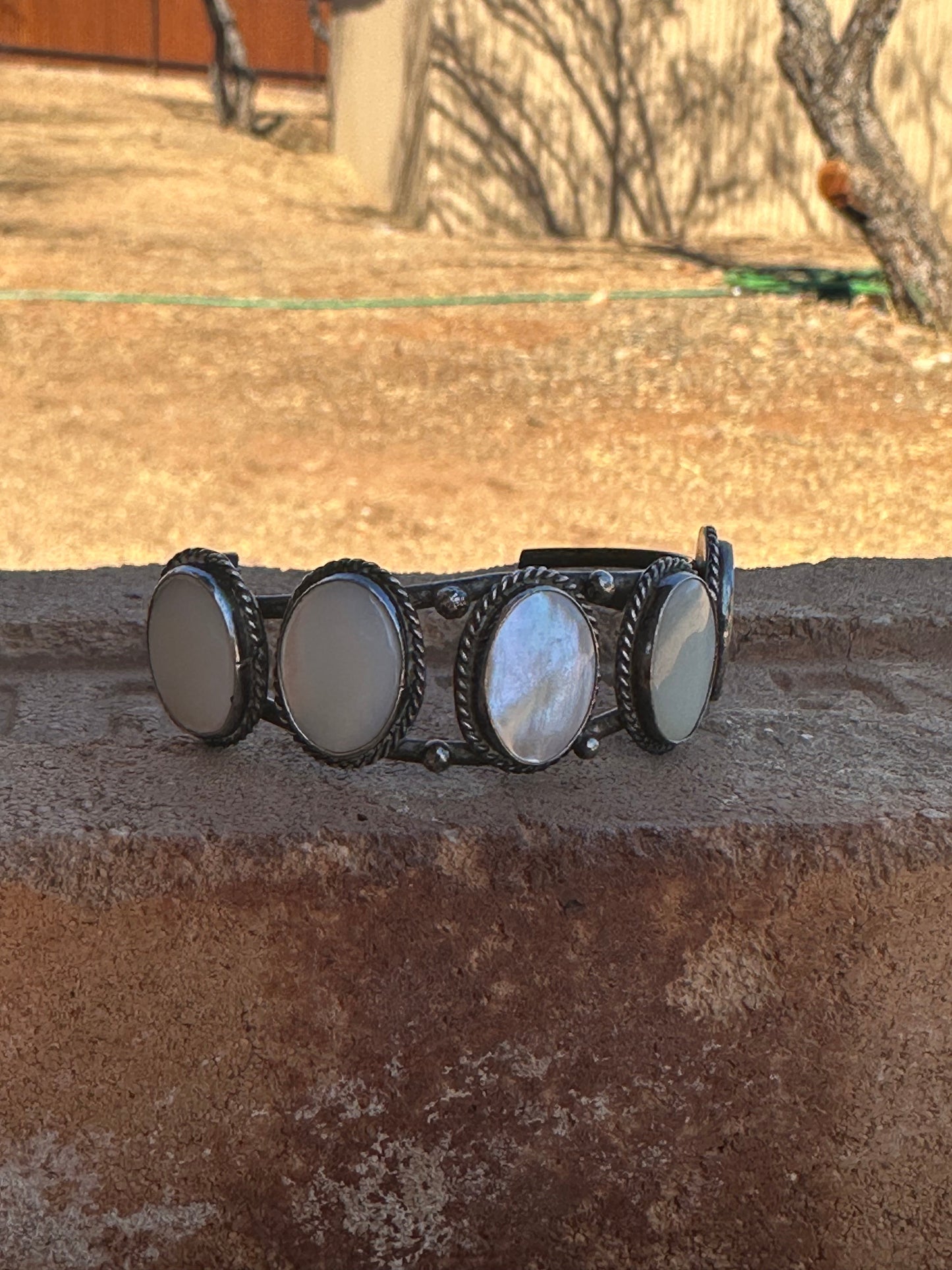 Old Pawn Sterling Silver & Mother of Pearl Cuff Bracelet /