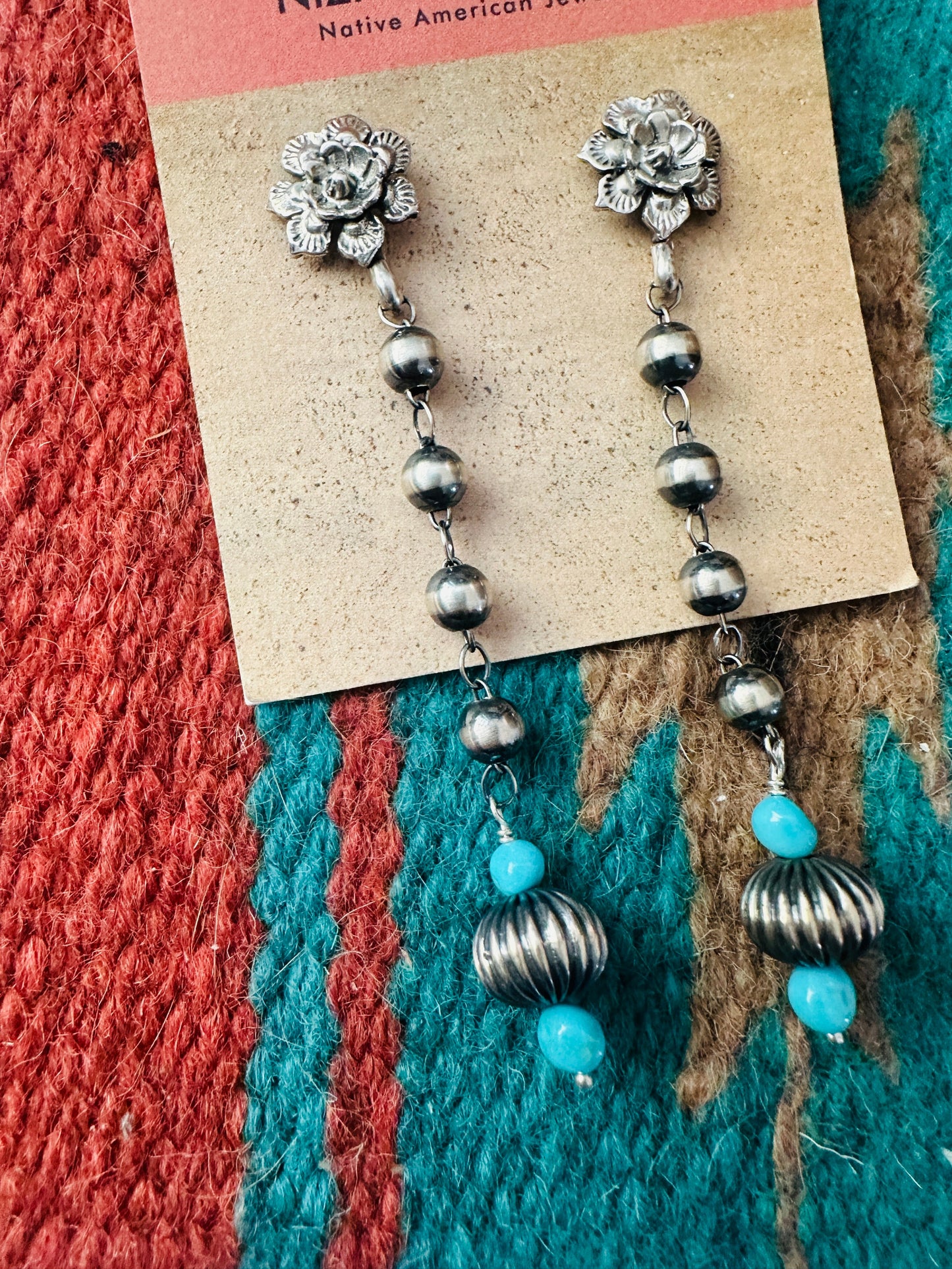 Handcrafted Turquoise & Sterling Silver Pearl Beaded Flower Dangle Earrings