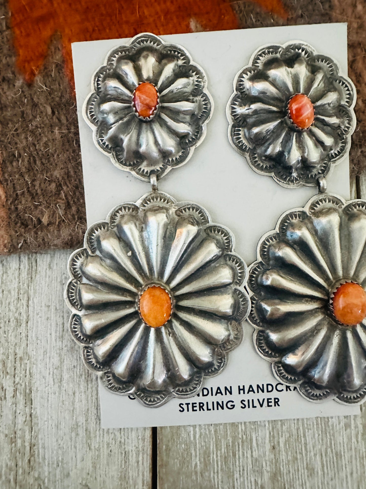 Handcrafted Orange Spiny and Sterling Silver Concho Dangle Earrings