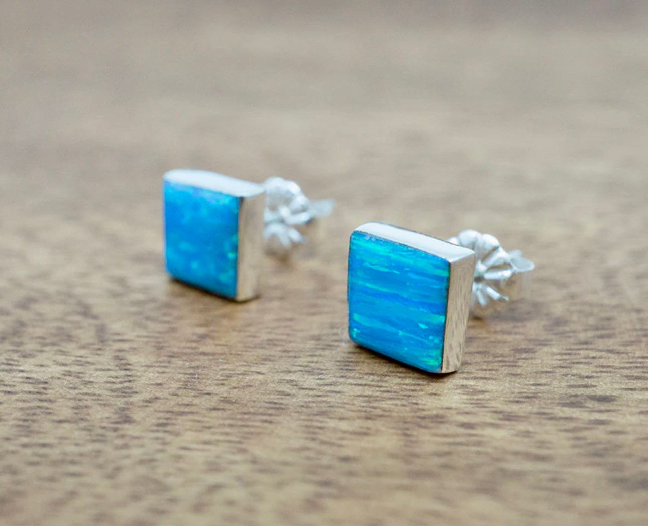 Square Light Blue Opal Sterling Silver Studs