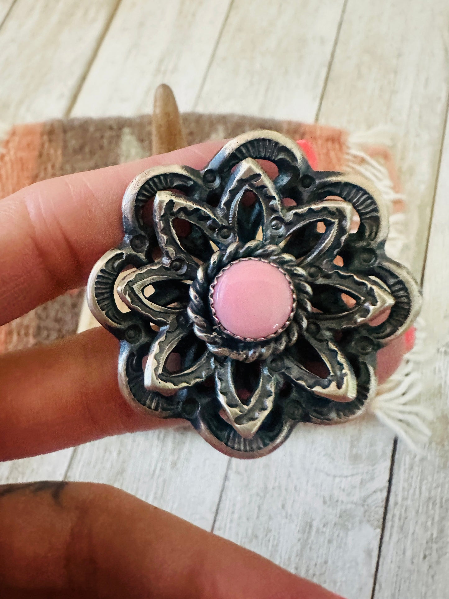 Handcrafted Sterling Silver & Queen Pink Conch Shell Adjustable Flower Ring by Kevin Billah