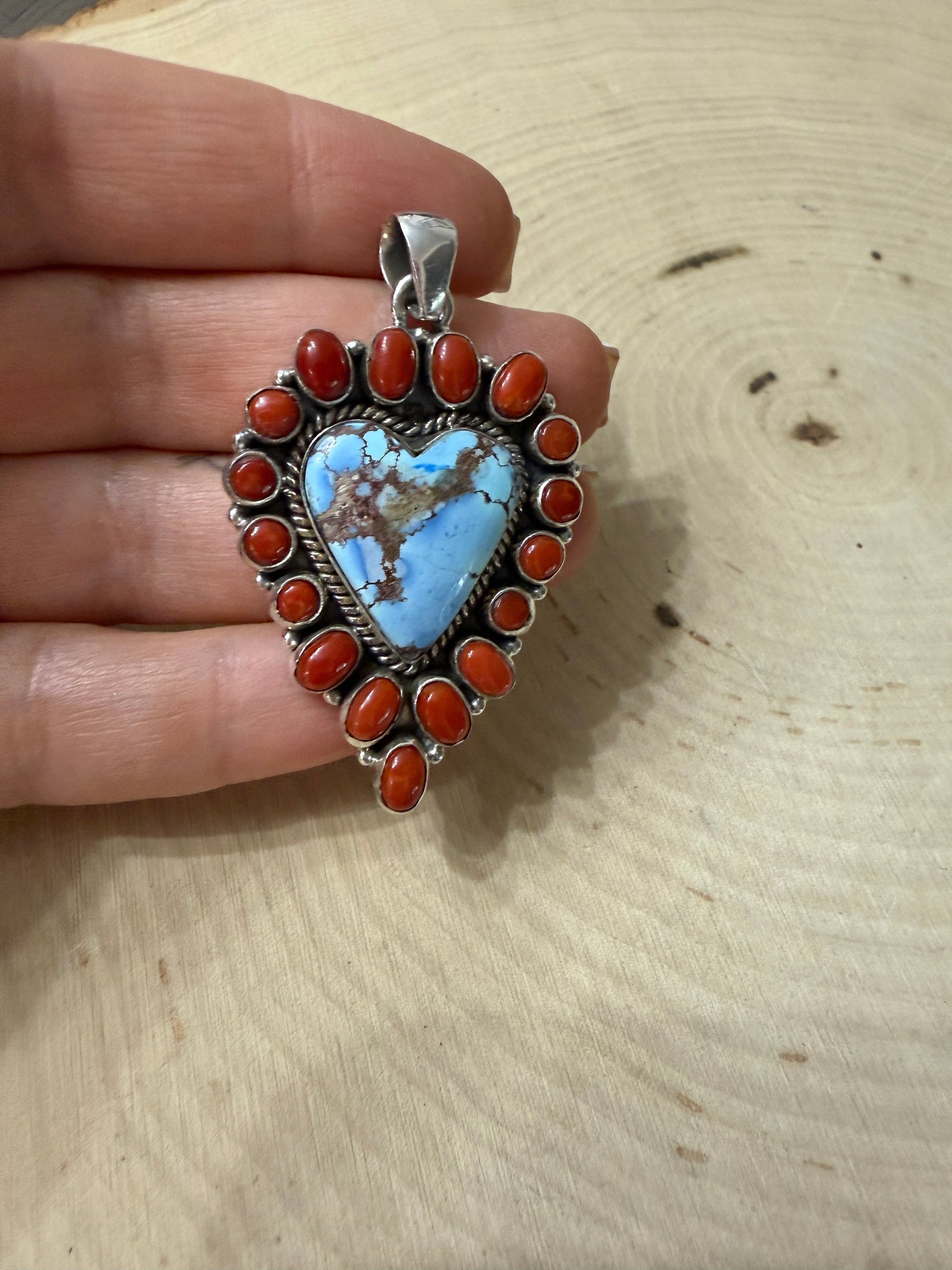 Handmade Sterling Silver, Coral & Golden Hills Turquoise Cluster Heart Pendant