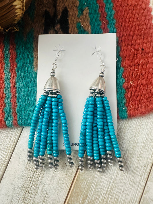 Handcrafted Darker Turquoise & Sterling Silver Pearl Beaded Tassel Dangle Earrings