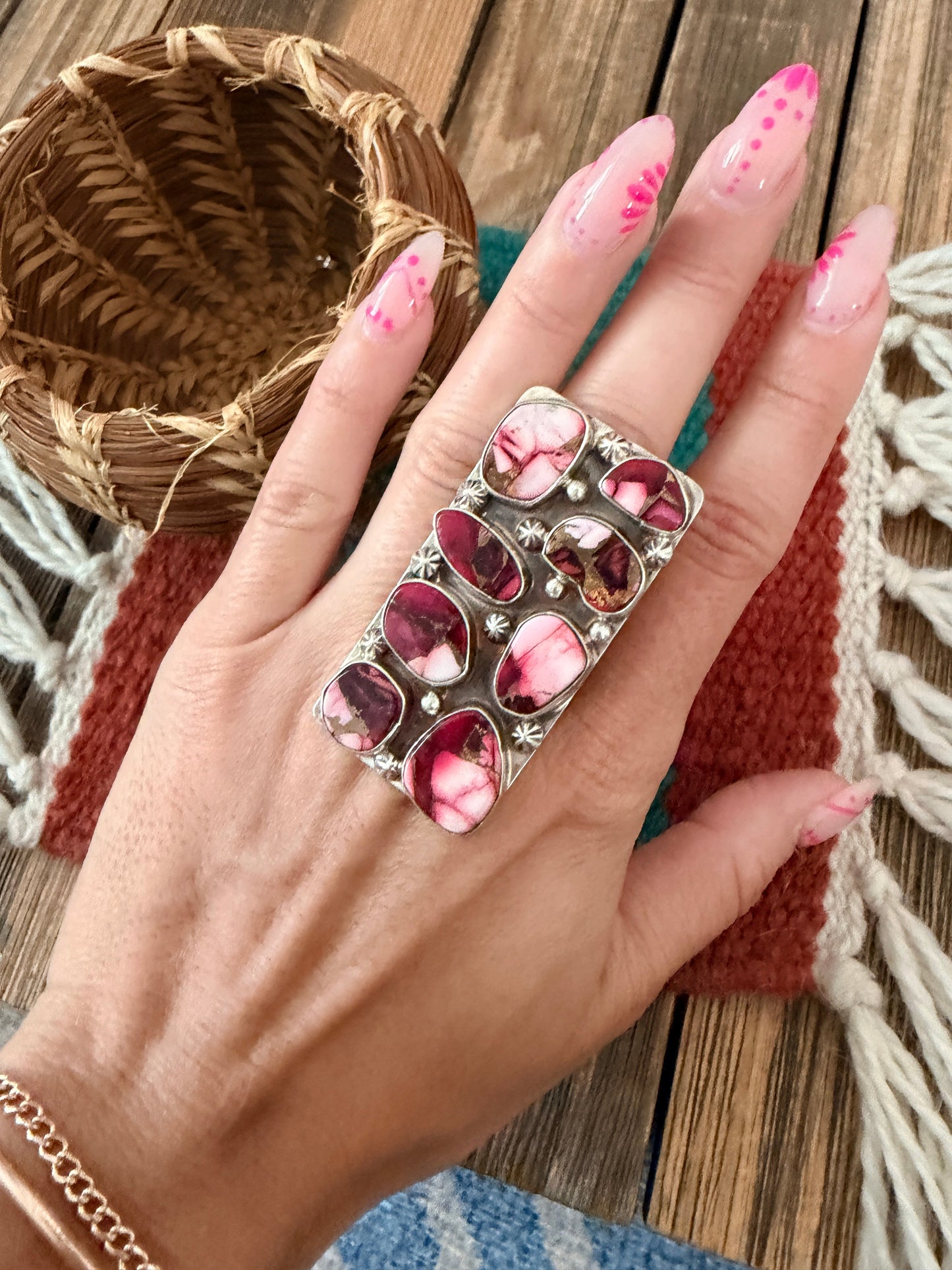Handcrafted Rose Dahlia & Sterling Silver Cluster Adjustable Ring by Jacqueline Silver