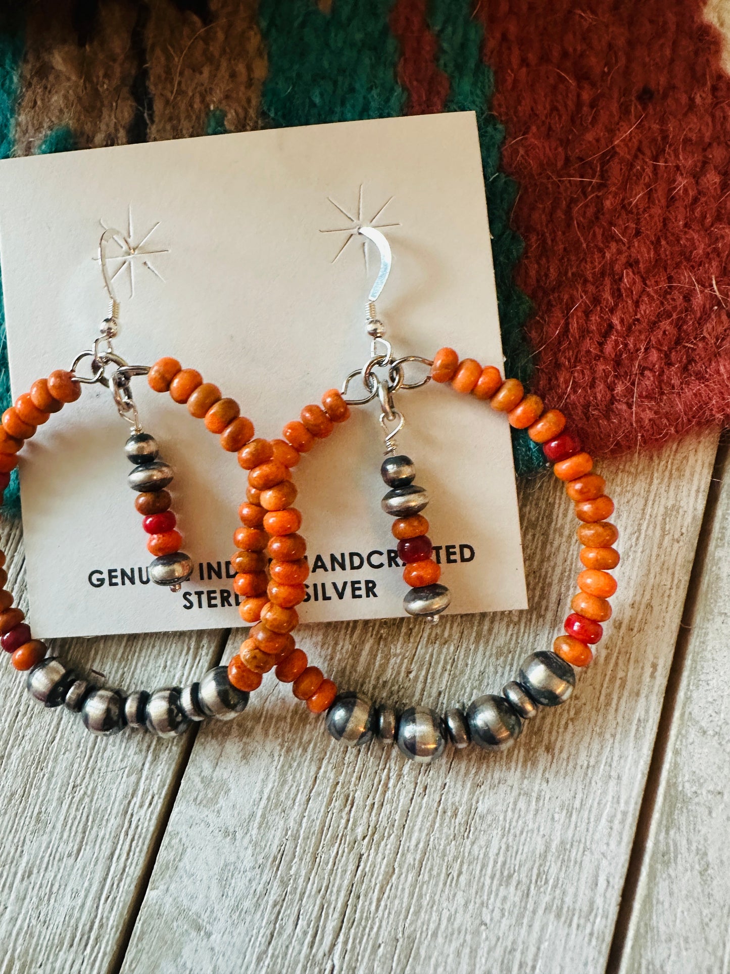 Handcrafted Orange Spiny & Sterling Silver Pearl Beaded Hoop Earrings