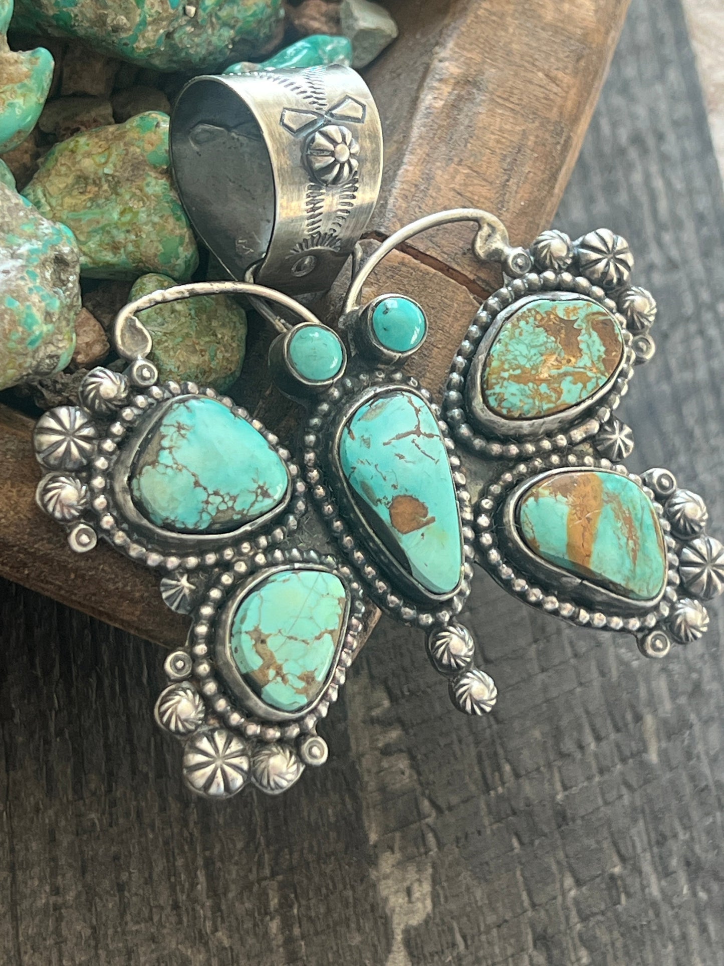 Apache Made Sterling Silver & Pilot Mountain Turquoise Butterfly Pendant by Rosella Paxson